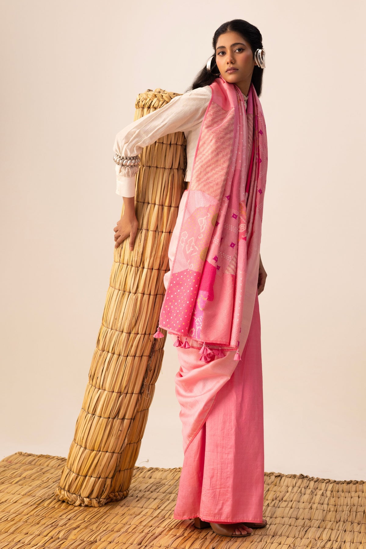 Pink Bandhani Patchwork Saree set