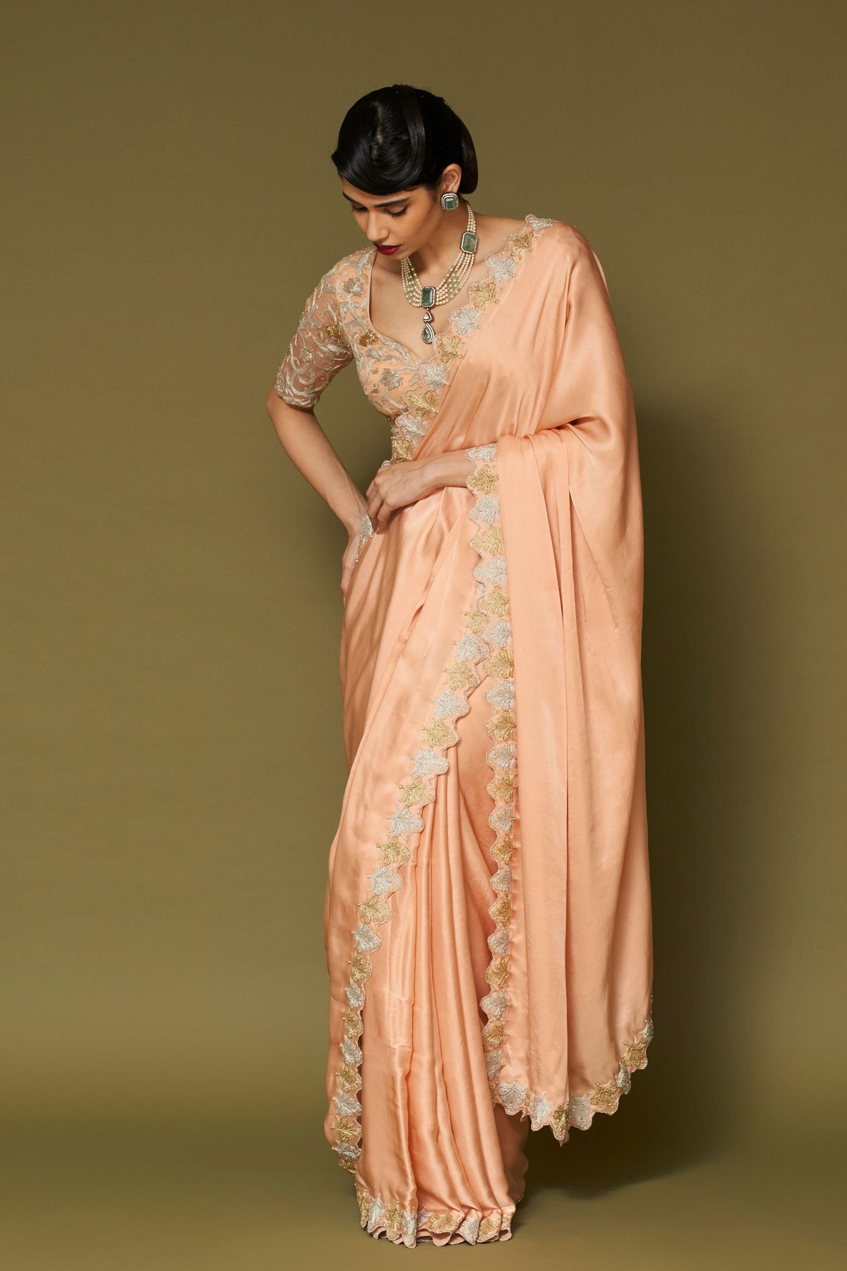 Apricot Embroidered Saree Set