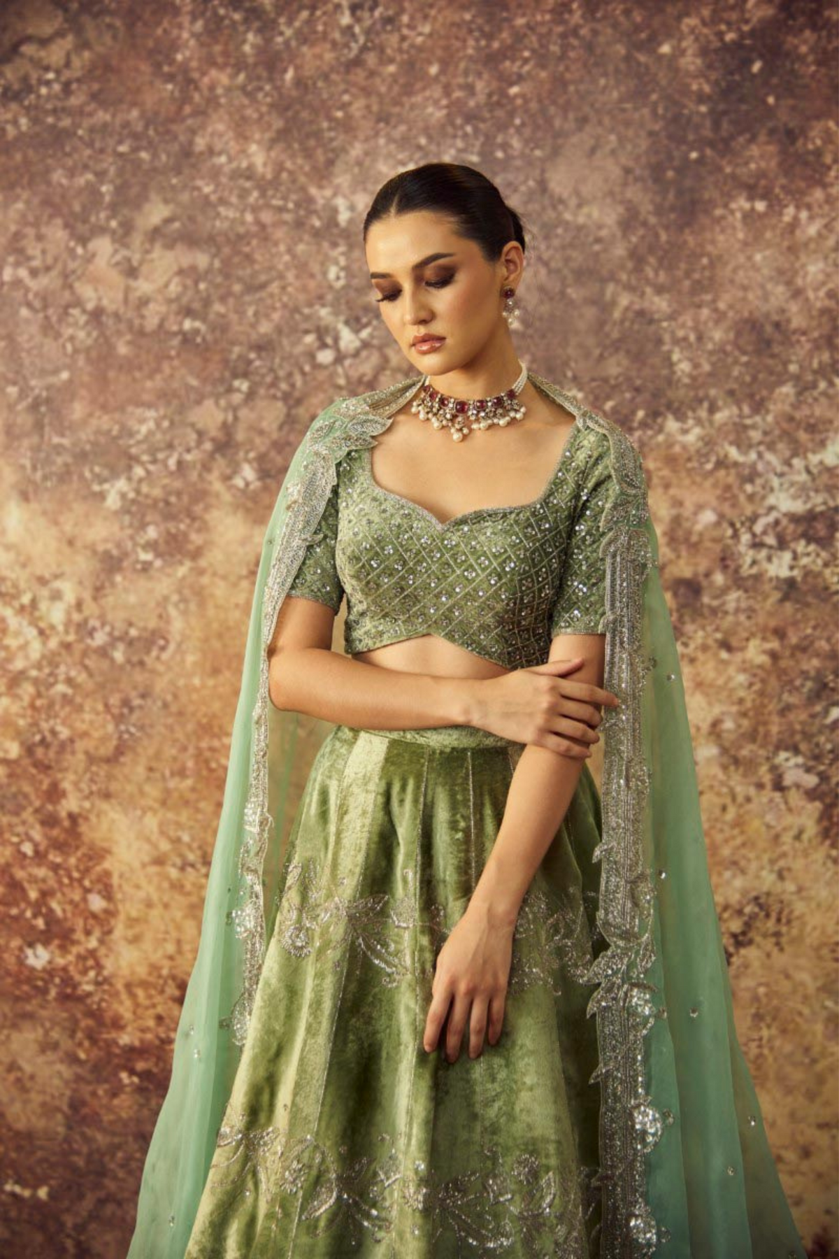 Mint Green Four Band Lehenga Set
