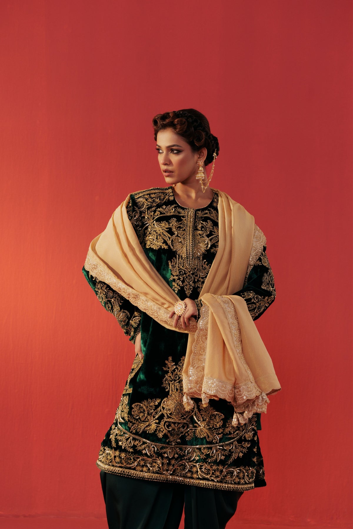 Bottle Green Velvet Kurta Set