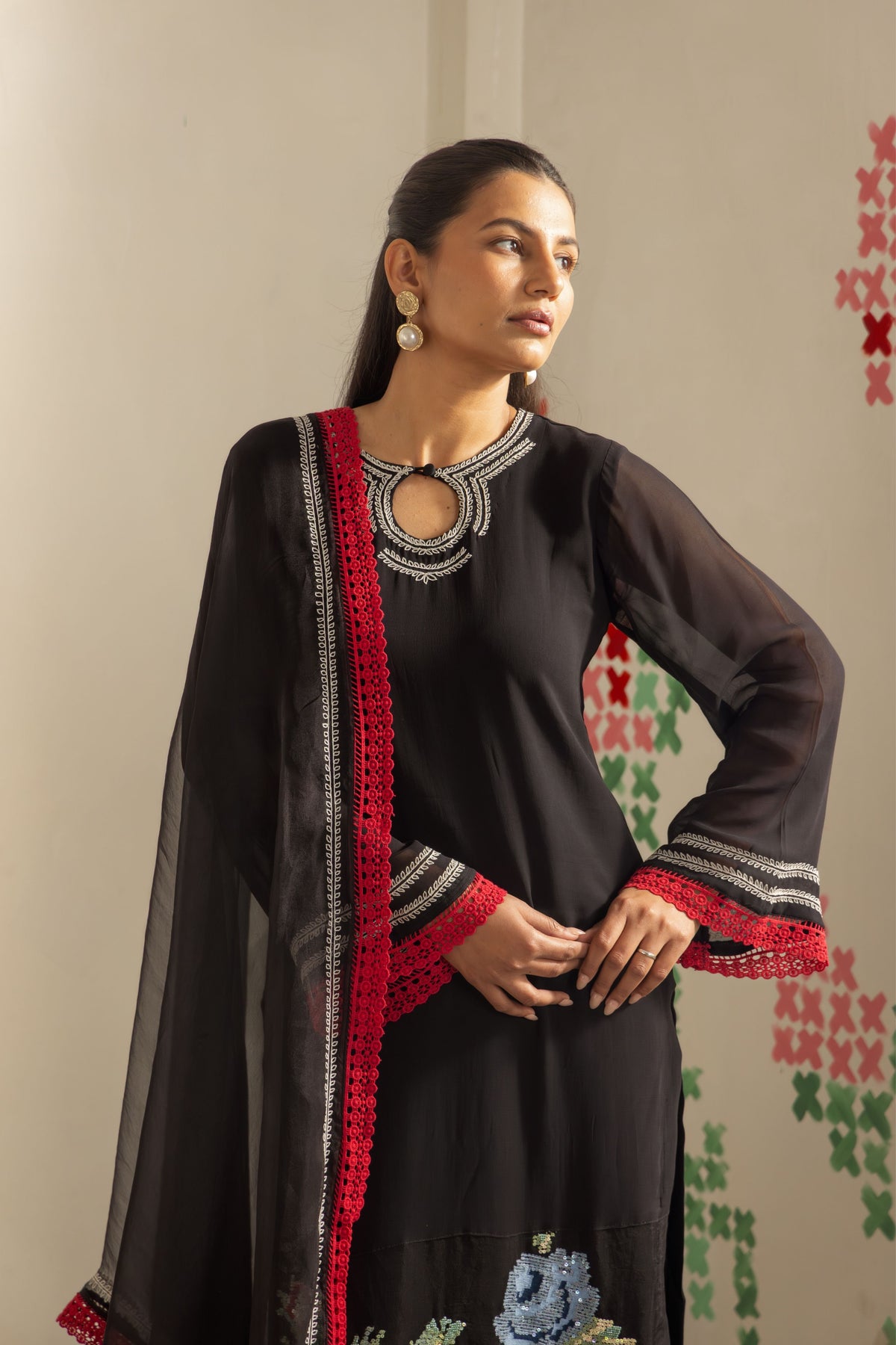 Black Flora Kurta Set