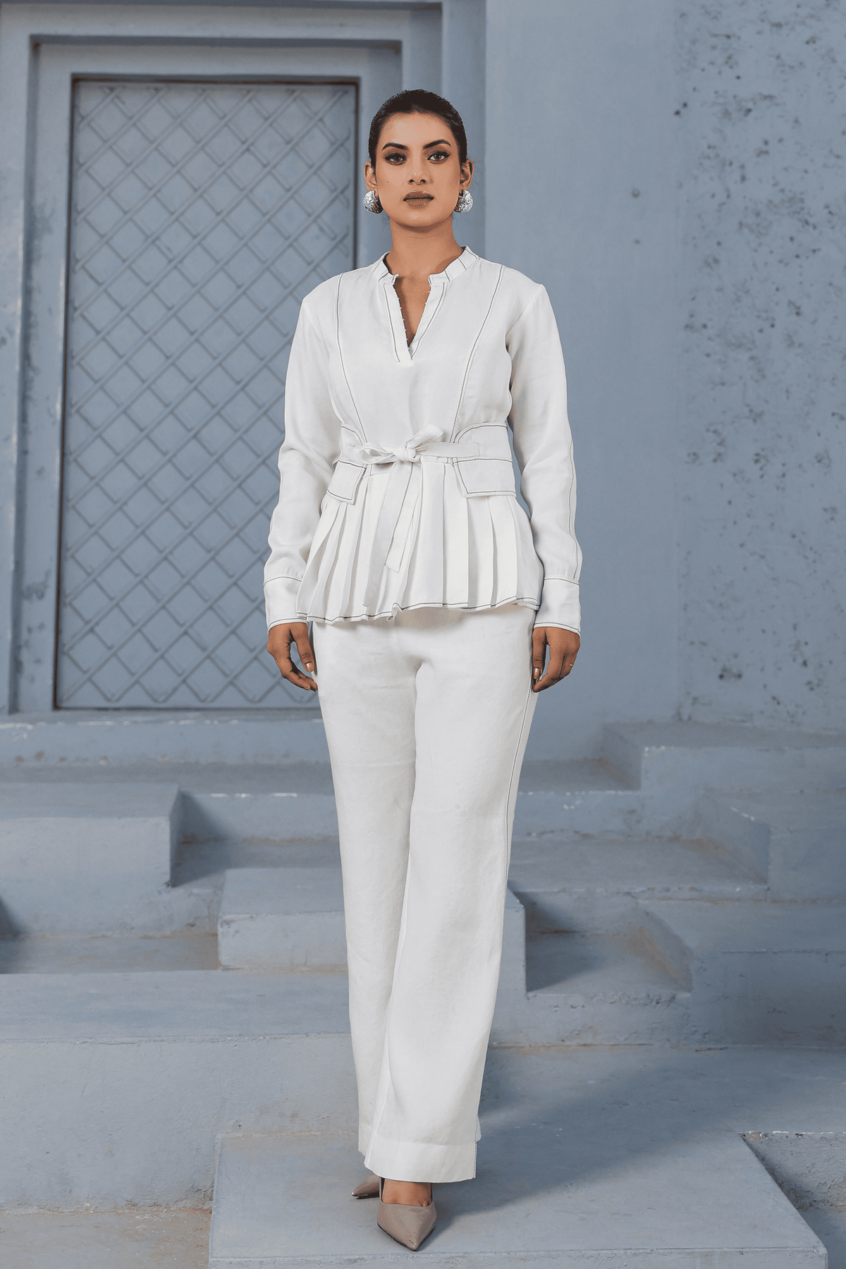Azure Pleated Peplum Co-ord Set in White