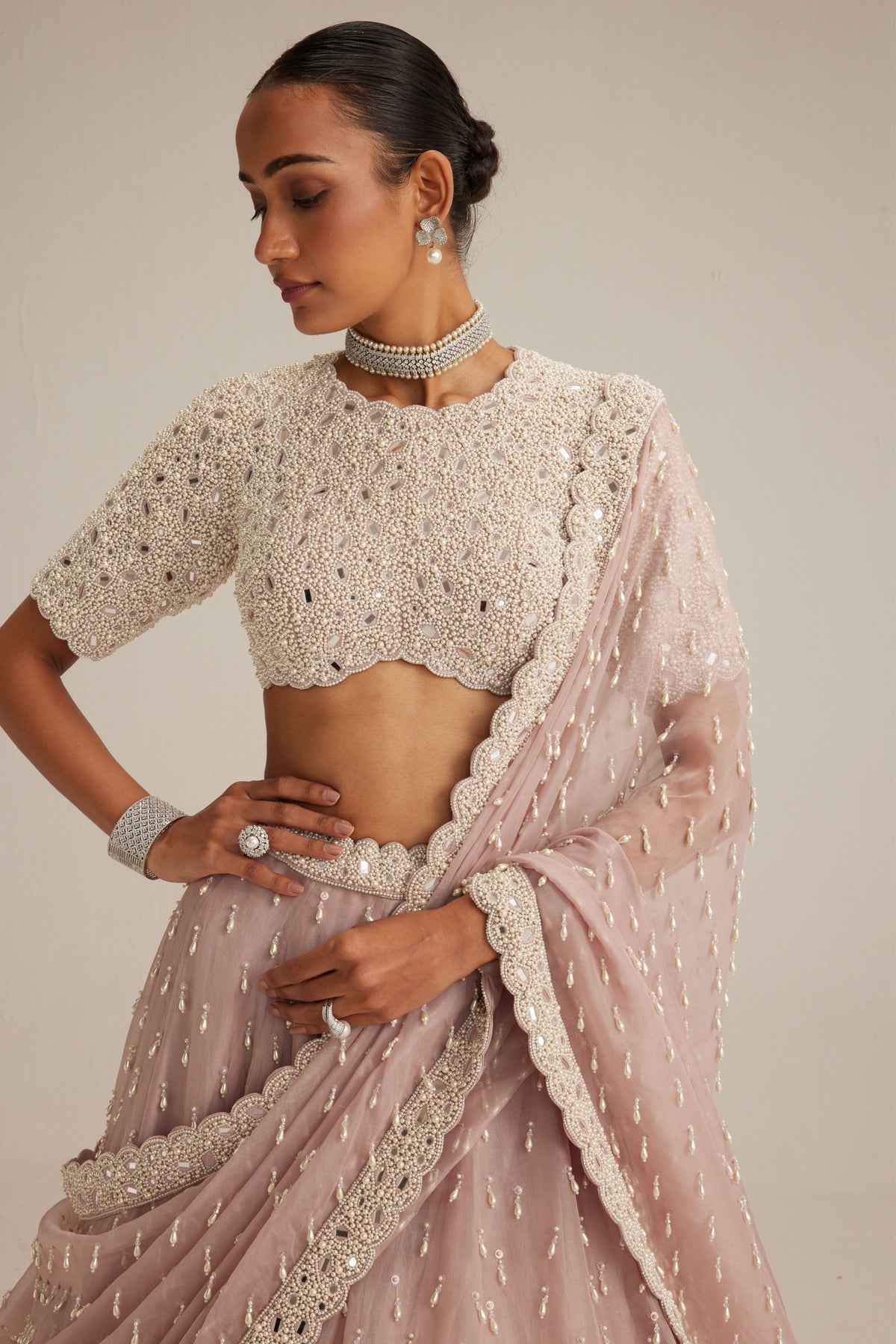 Ash Pink OAS Pearl Drop Lehenga