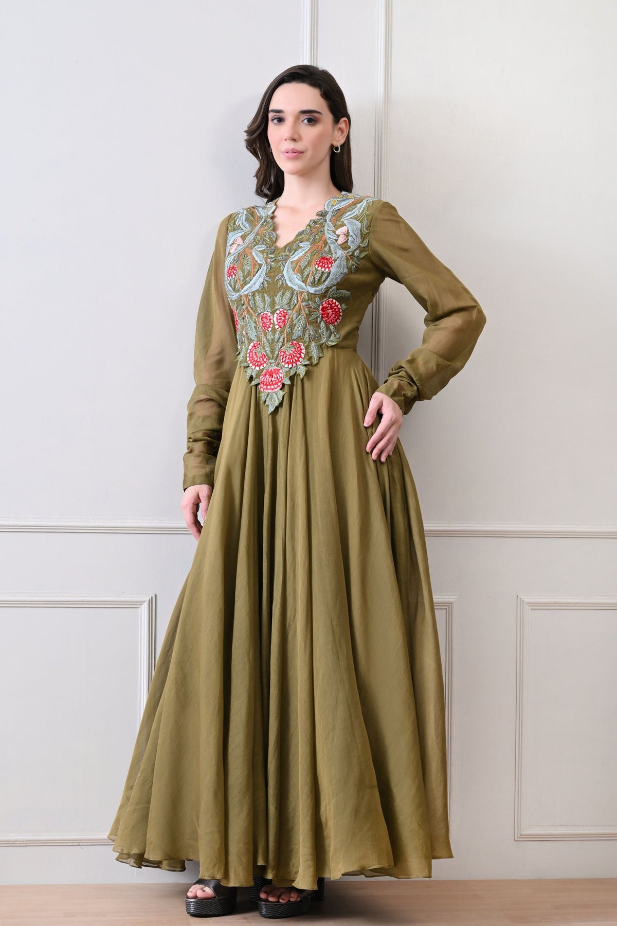 Olive V-neck Embroidered Anarkali
