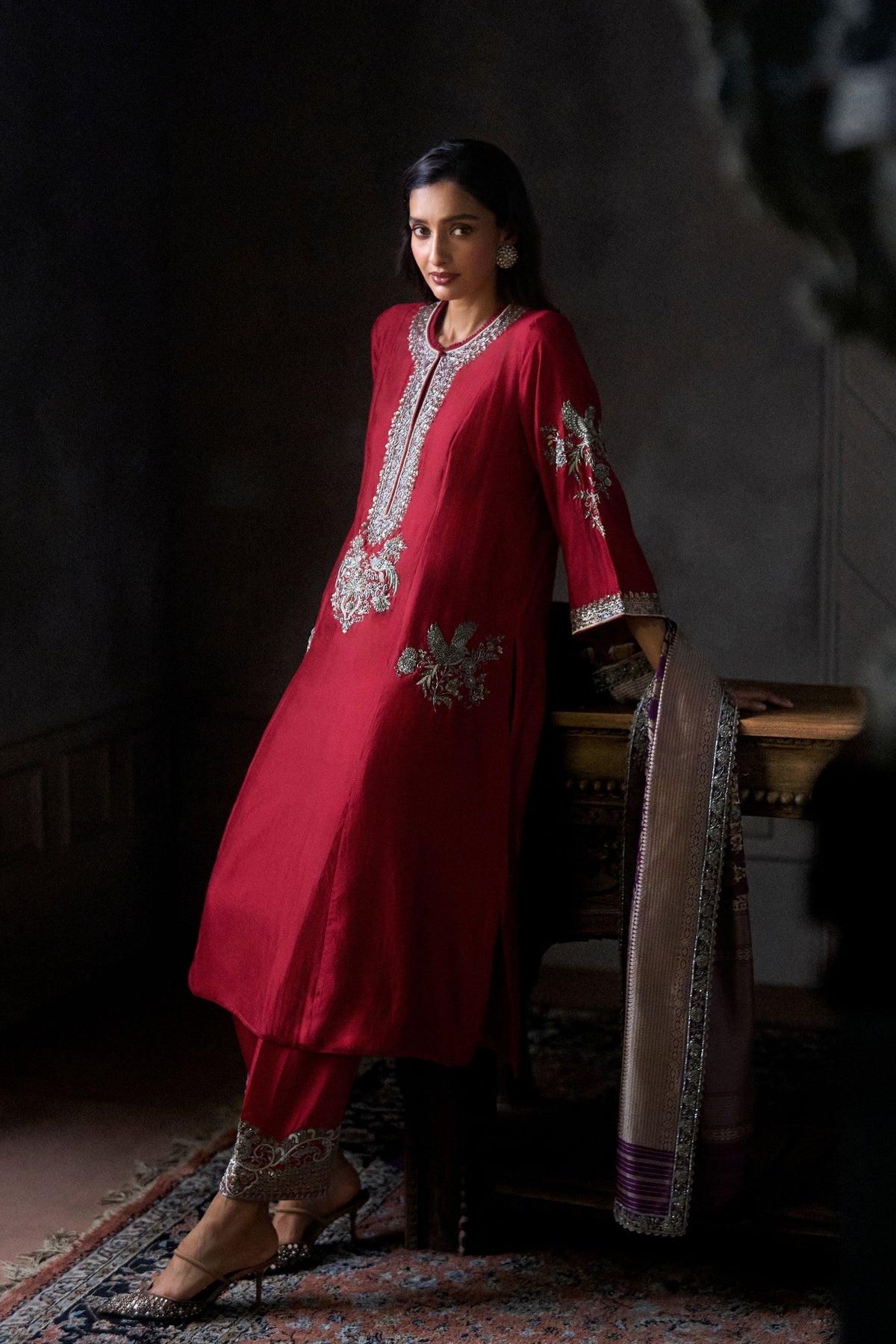 Red Embroidered Kurta Set