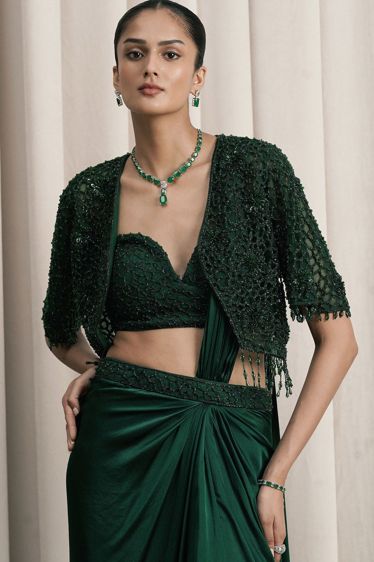 Emerald Green Floral Embellished Saree Set