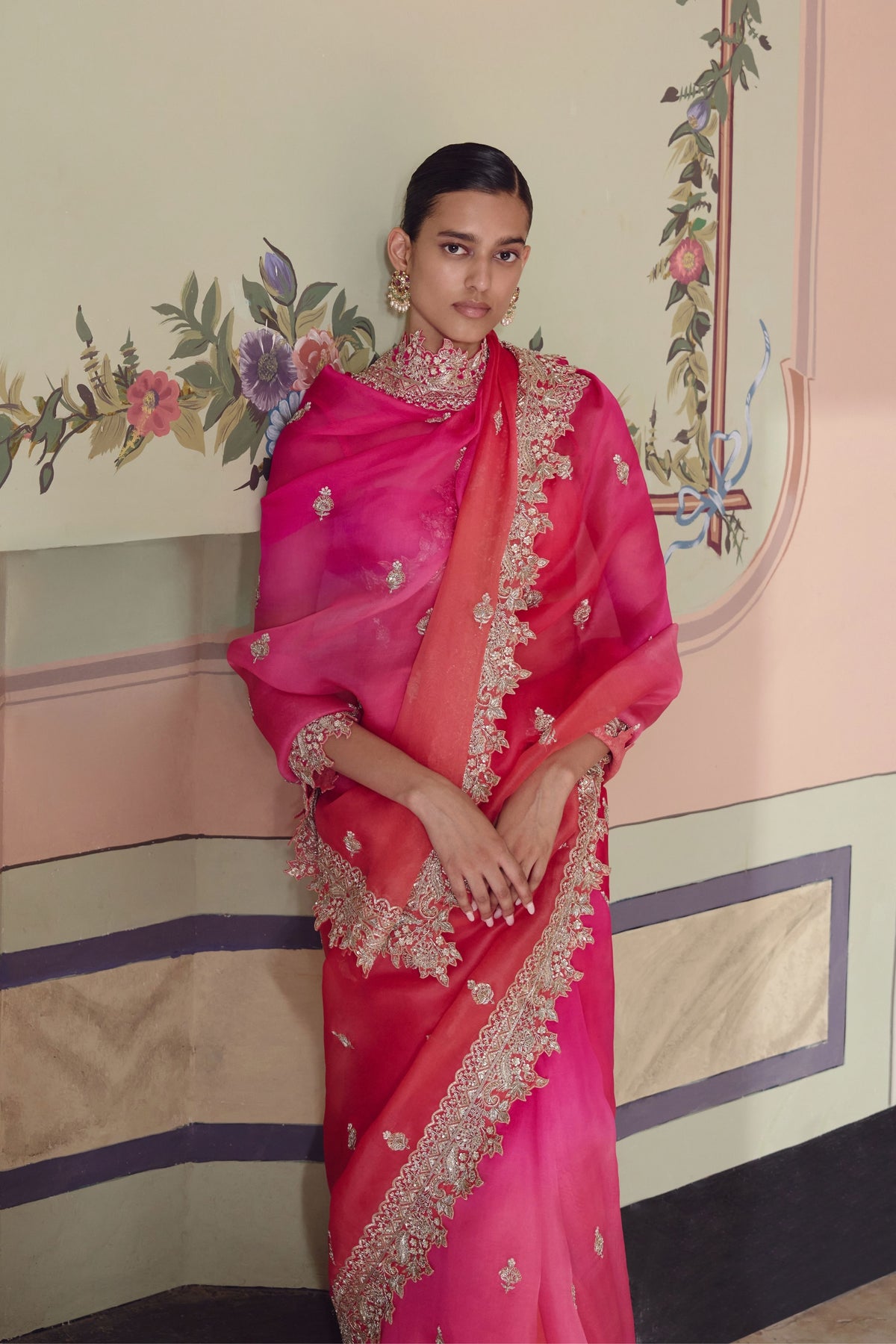 Pink To Red Ombre Saree Set