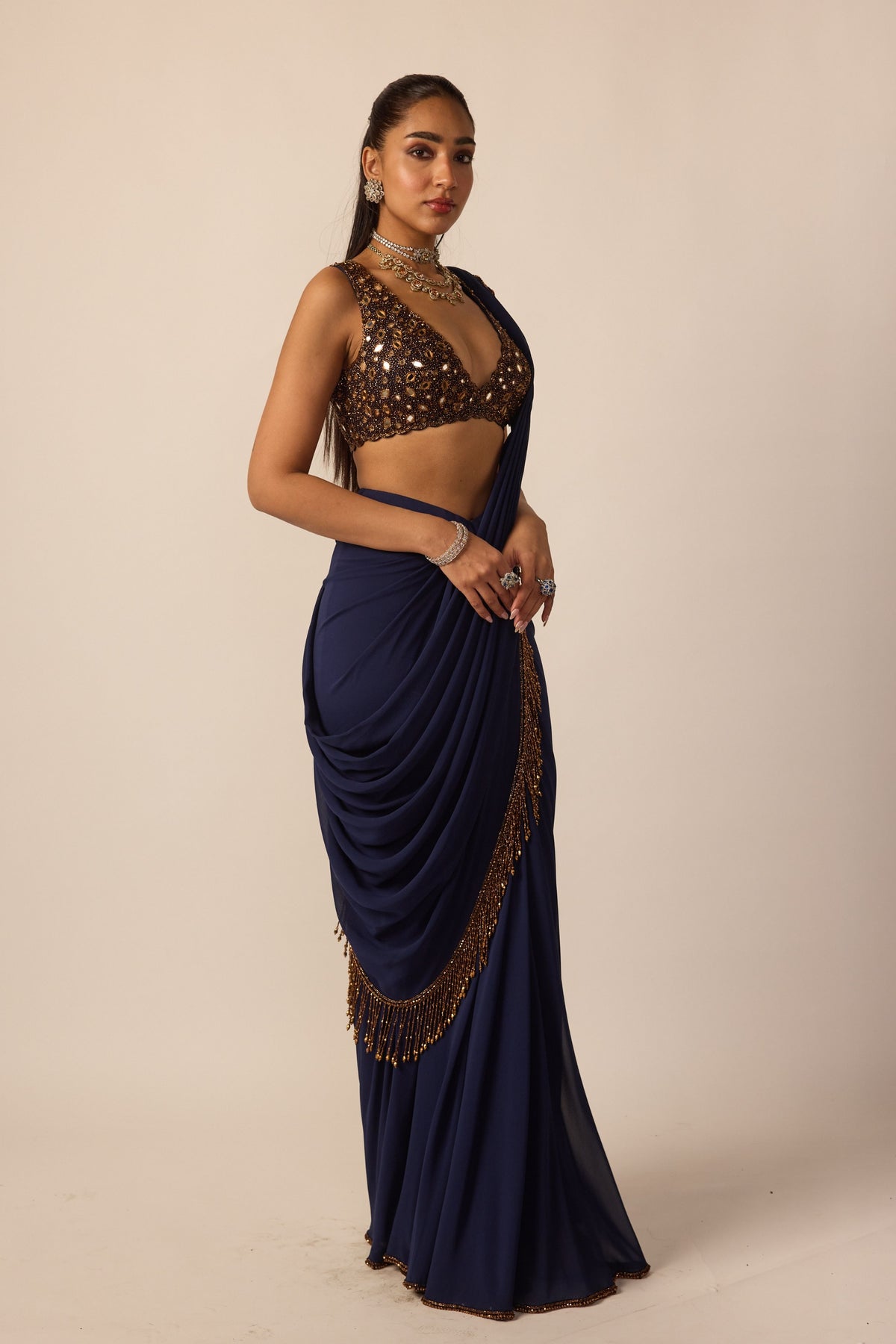 Deep Blue Georgette Tassel Saree