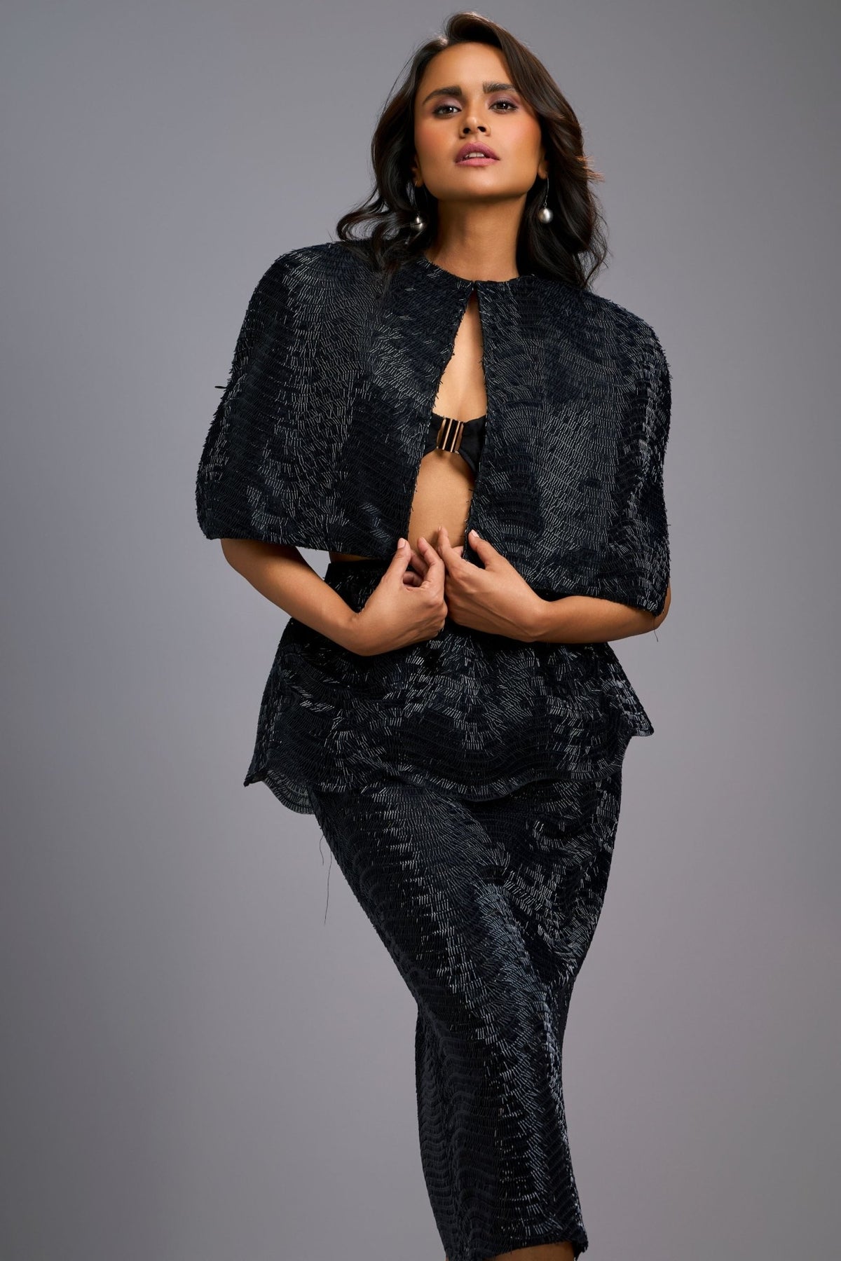 Shimmer Structured Black Cape - Deepika Arora - Elahe