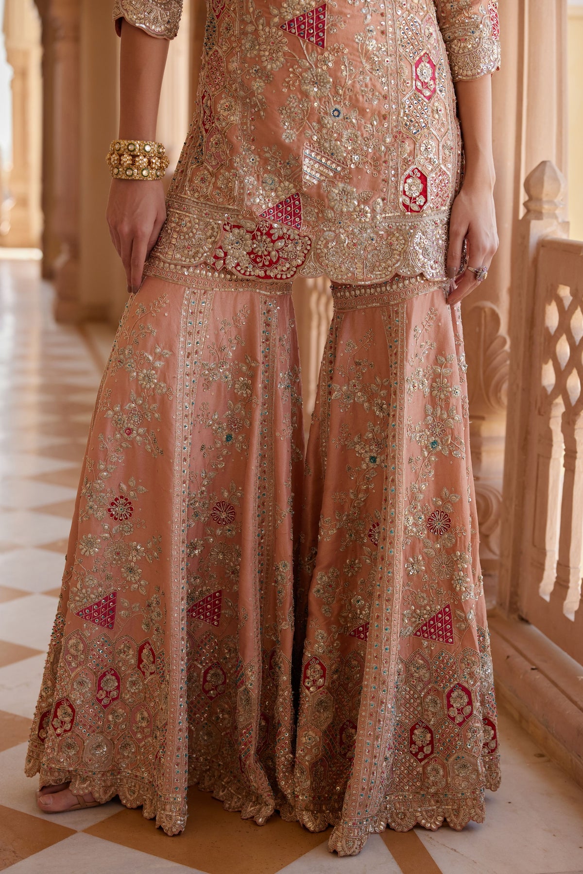 Salmon Peach Embroidered Sharara Set