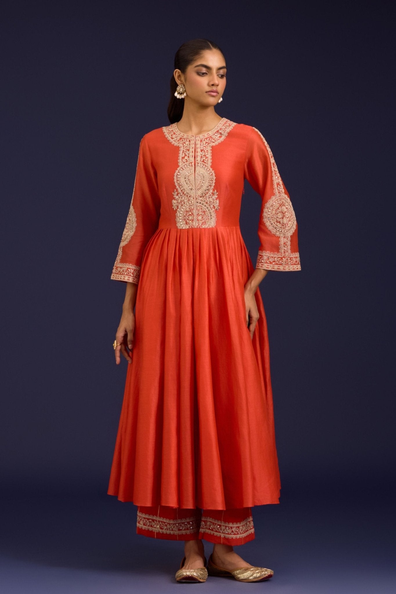 Orange Silk Chanderi Anarkali Set - Devnaagri - Elahe