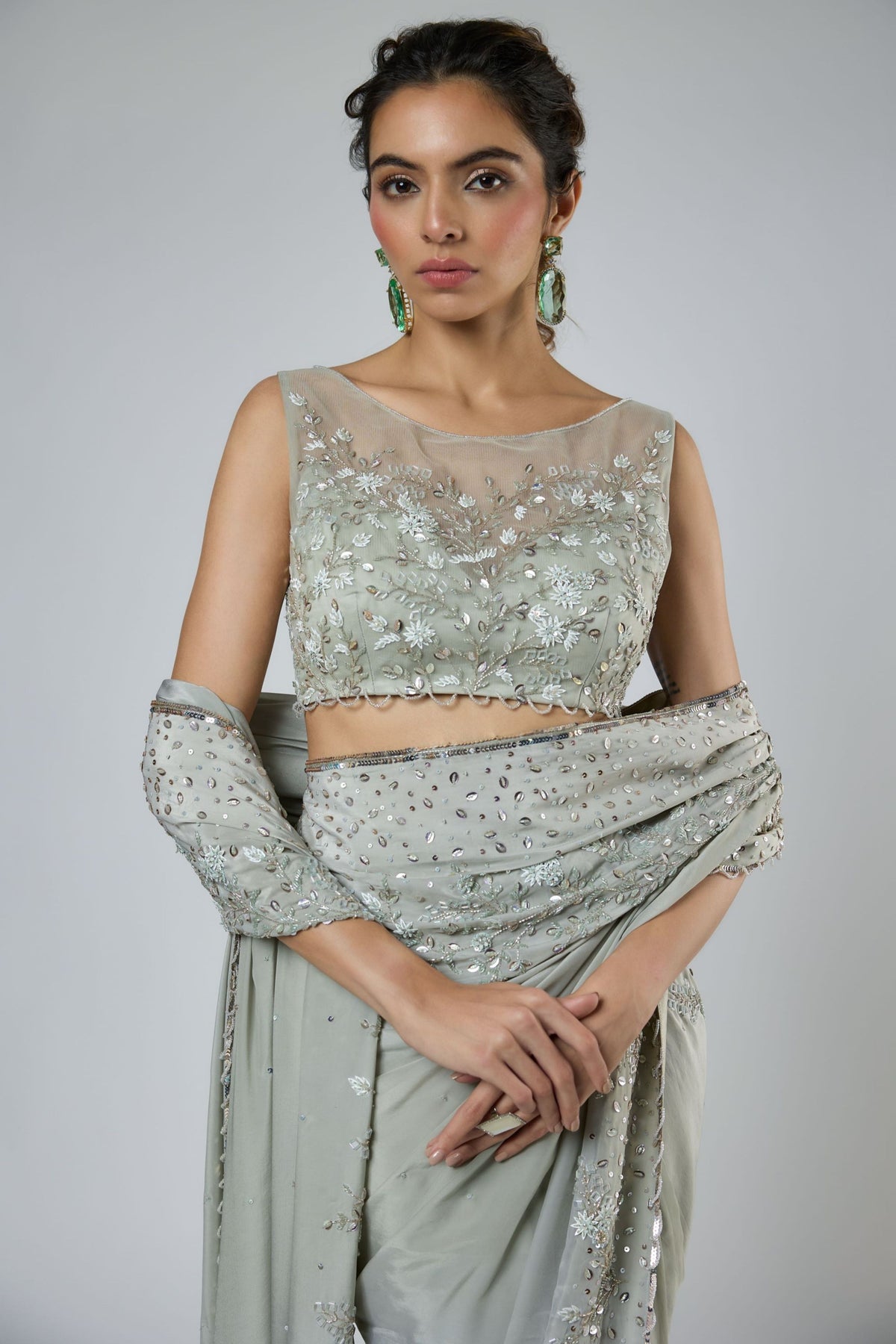 Dusty Green Draped Saree Set