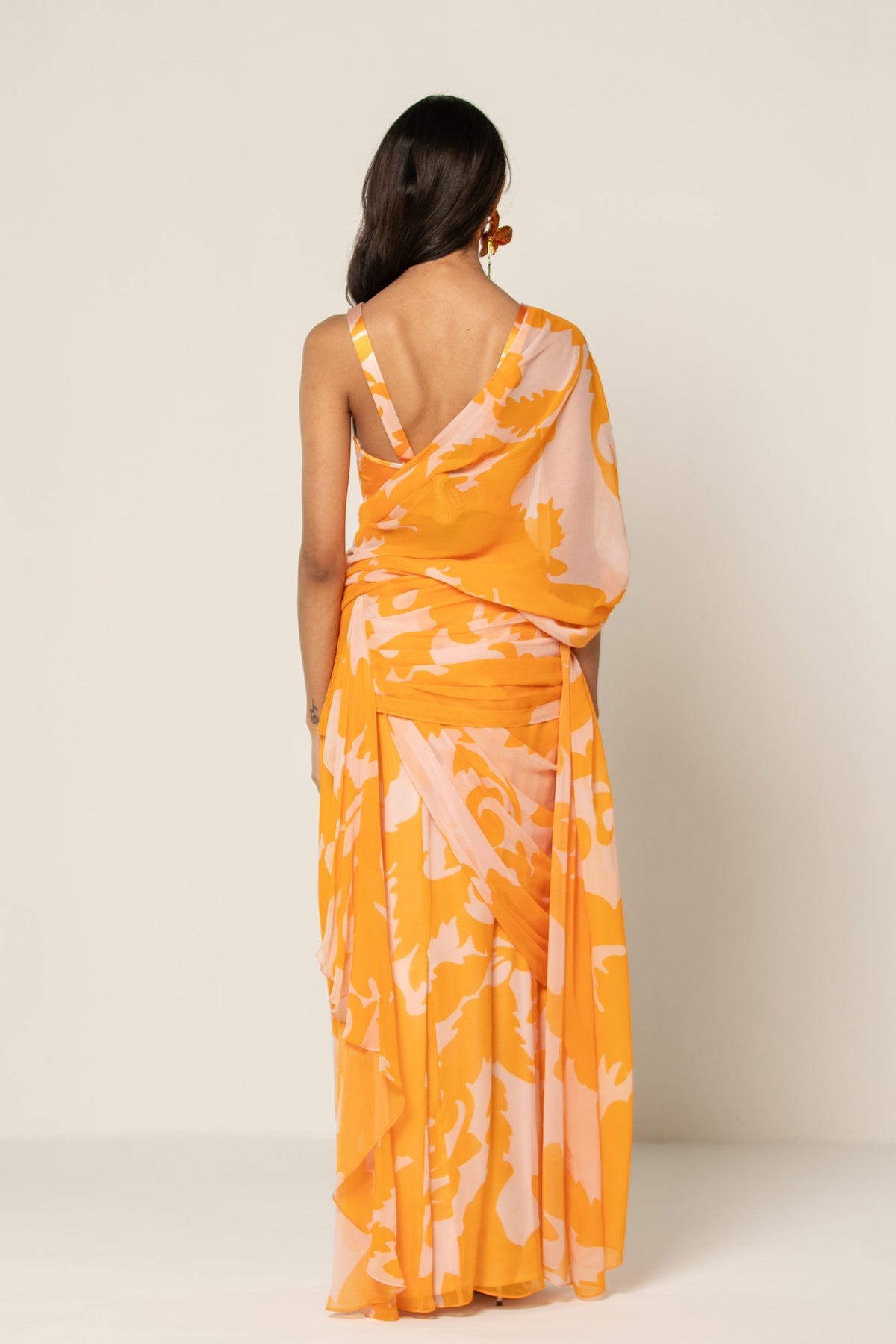 Orange Pre Draped Saree Set