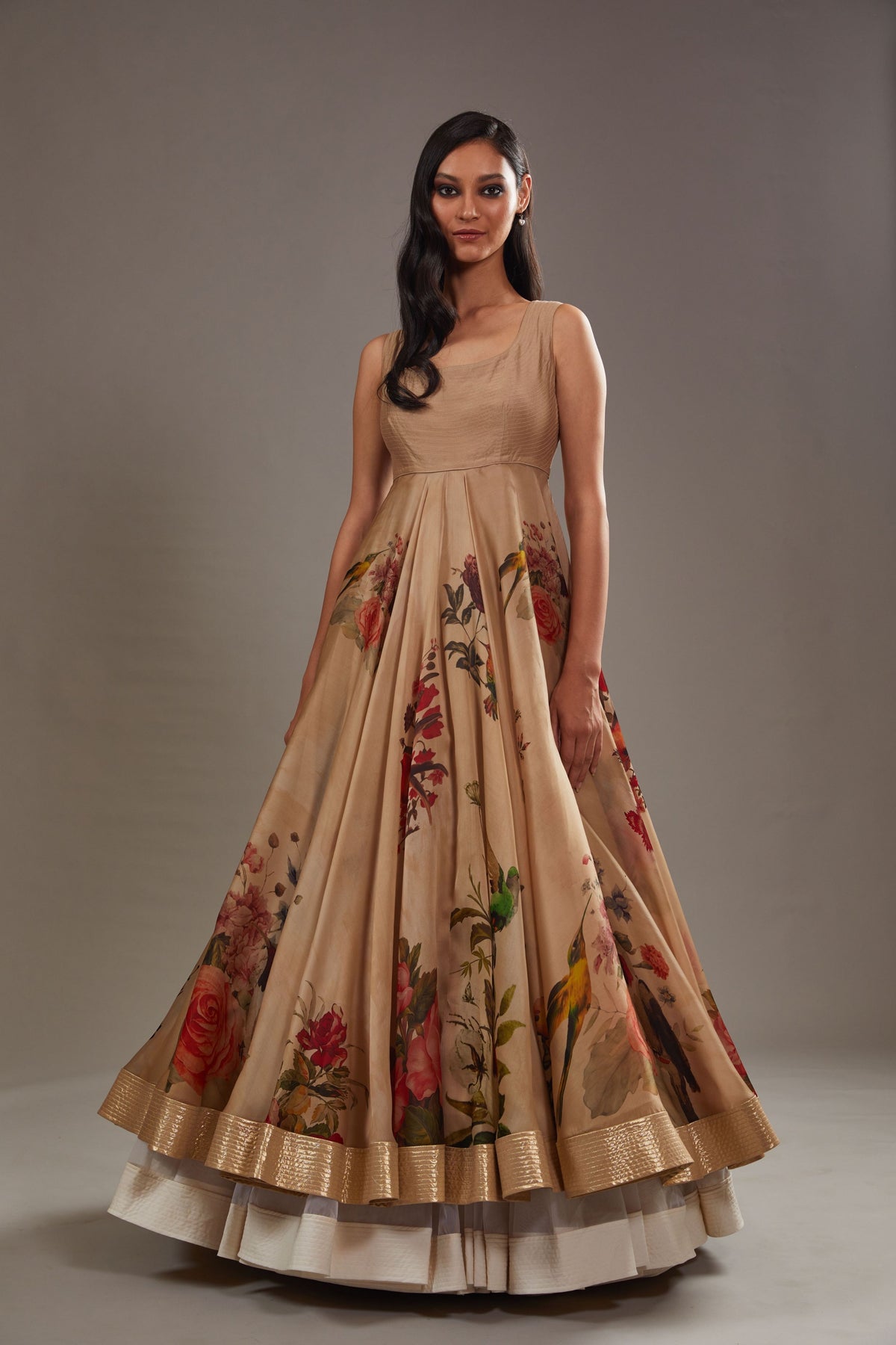 Printed Anarkali Set in Beige