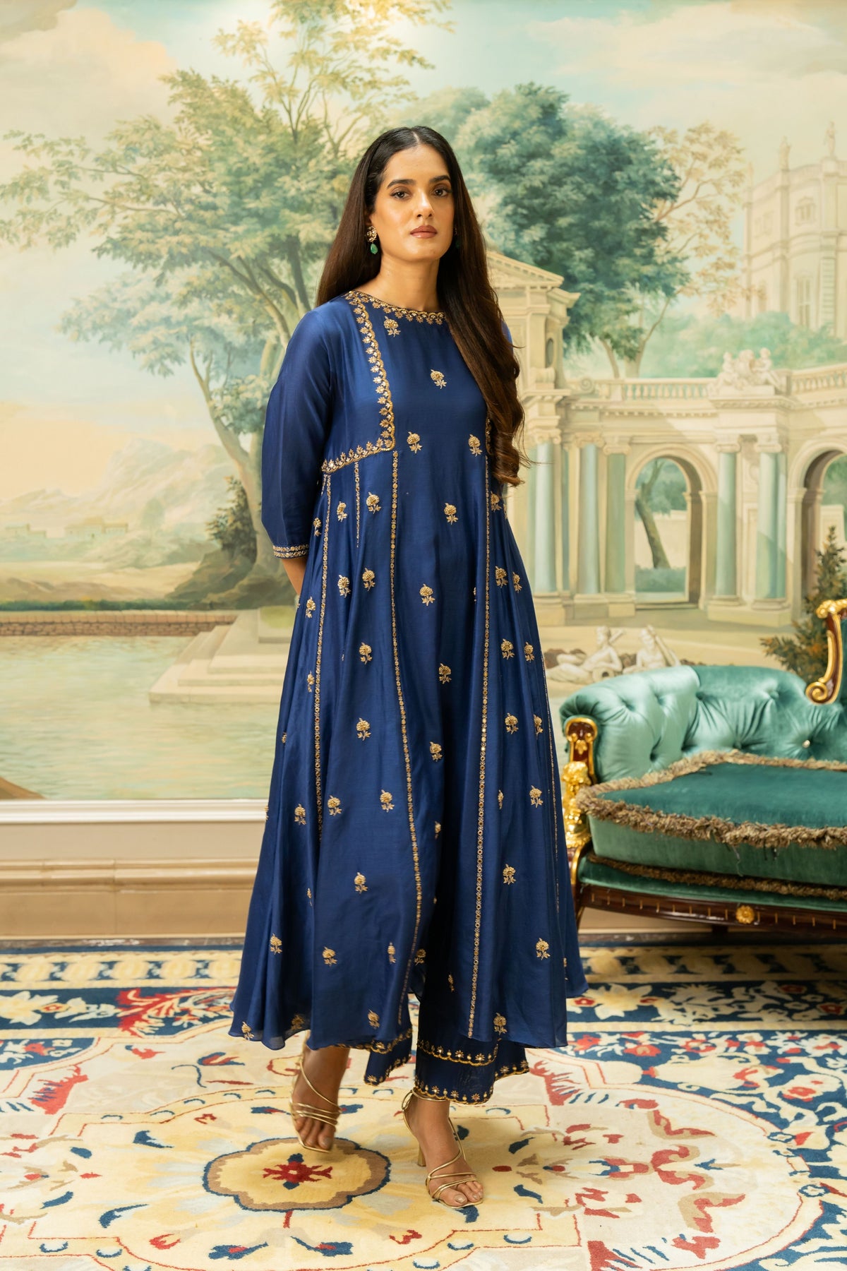 Electric Blue Butti Embroidered Kurta Set