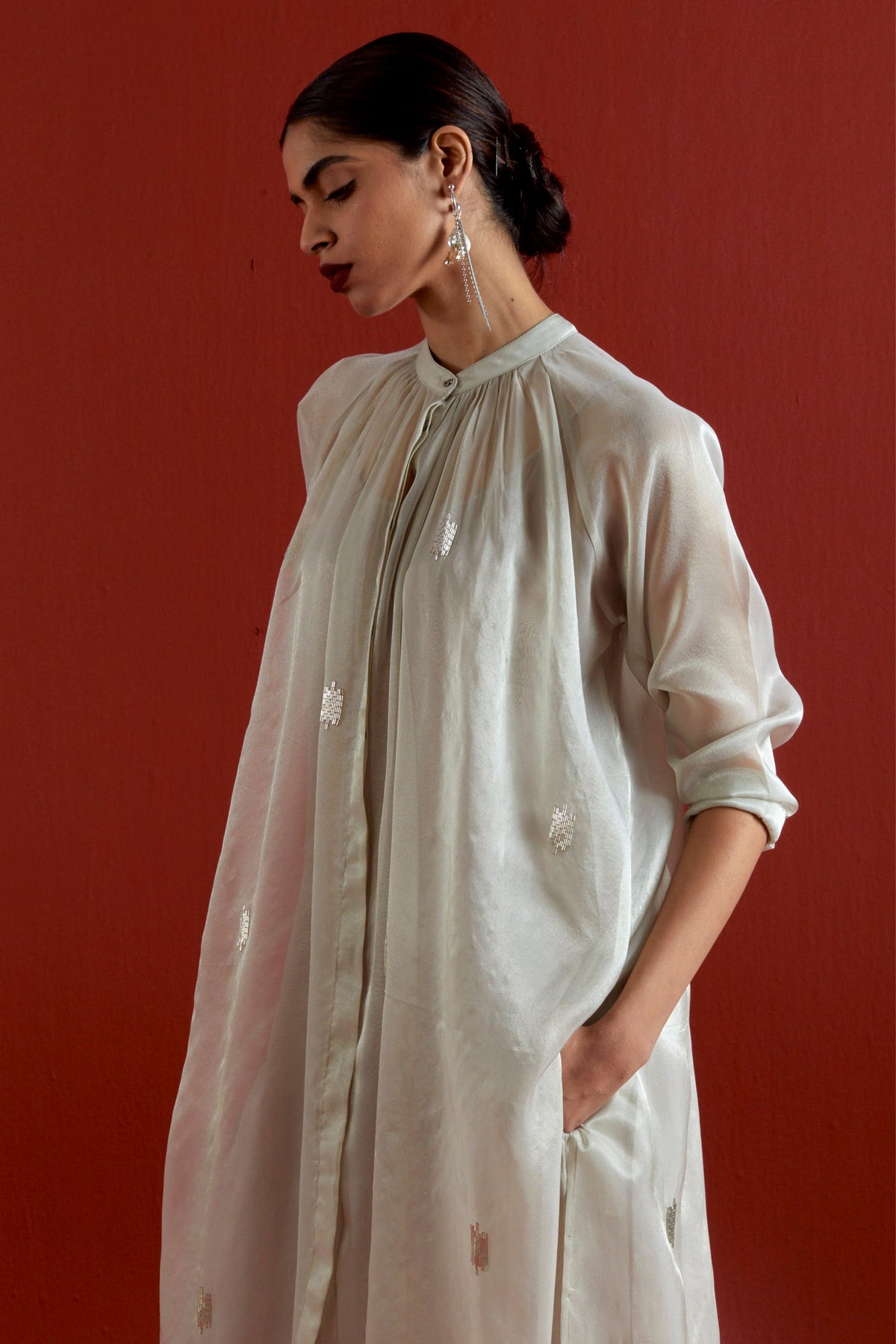 Emb. Gather Neck Shirt Set