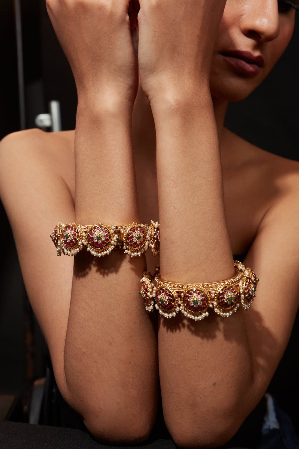 Gold Plated Pink Kundan Bangles