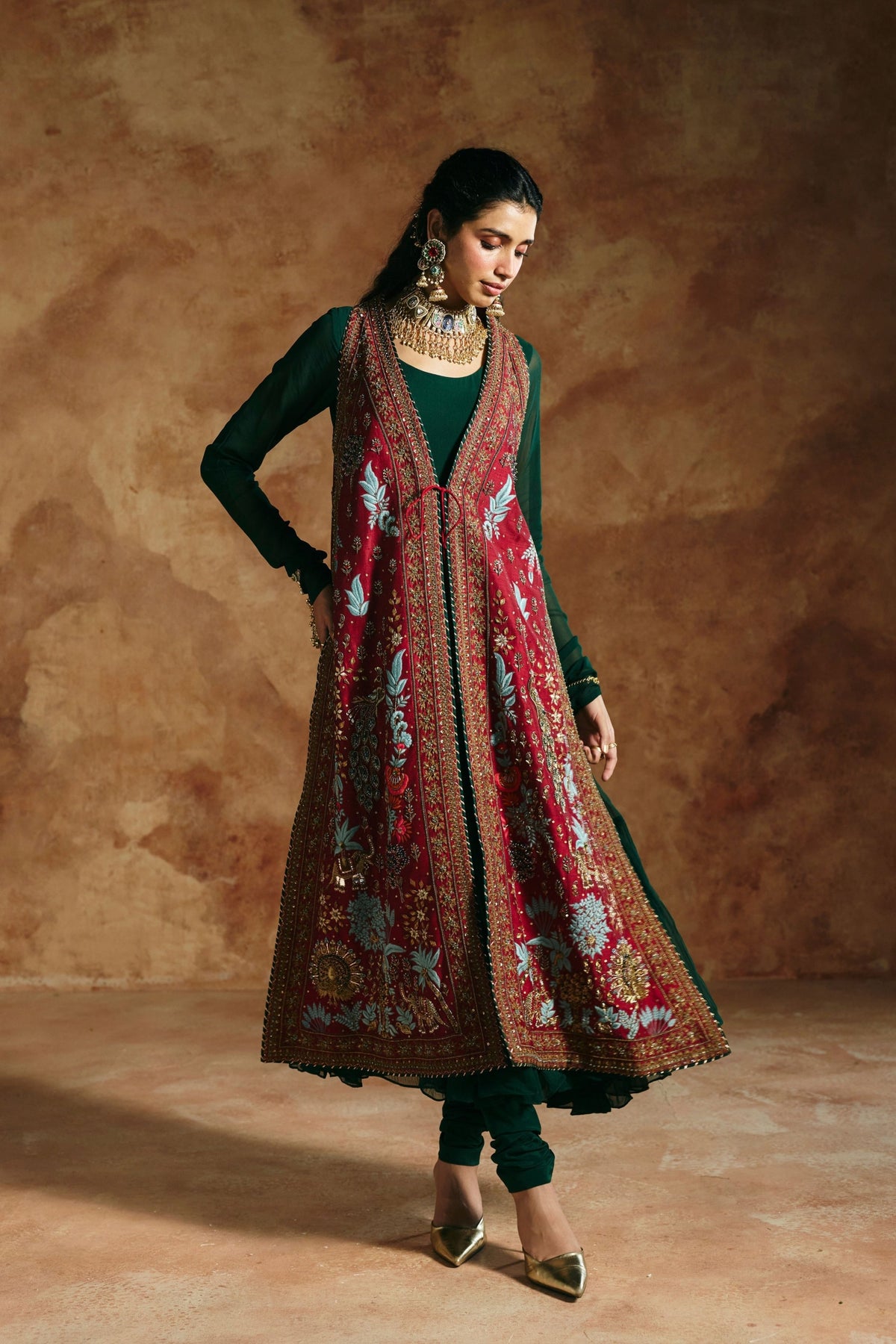 Red Sindh Zardozi Jacket Set