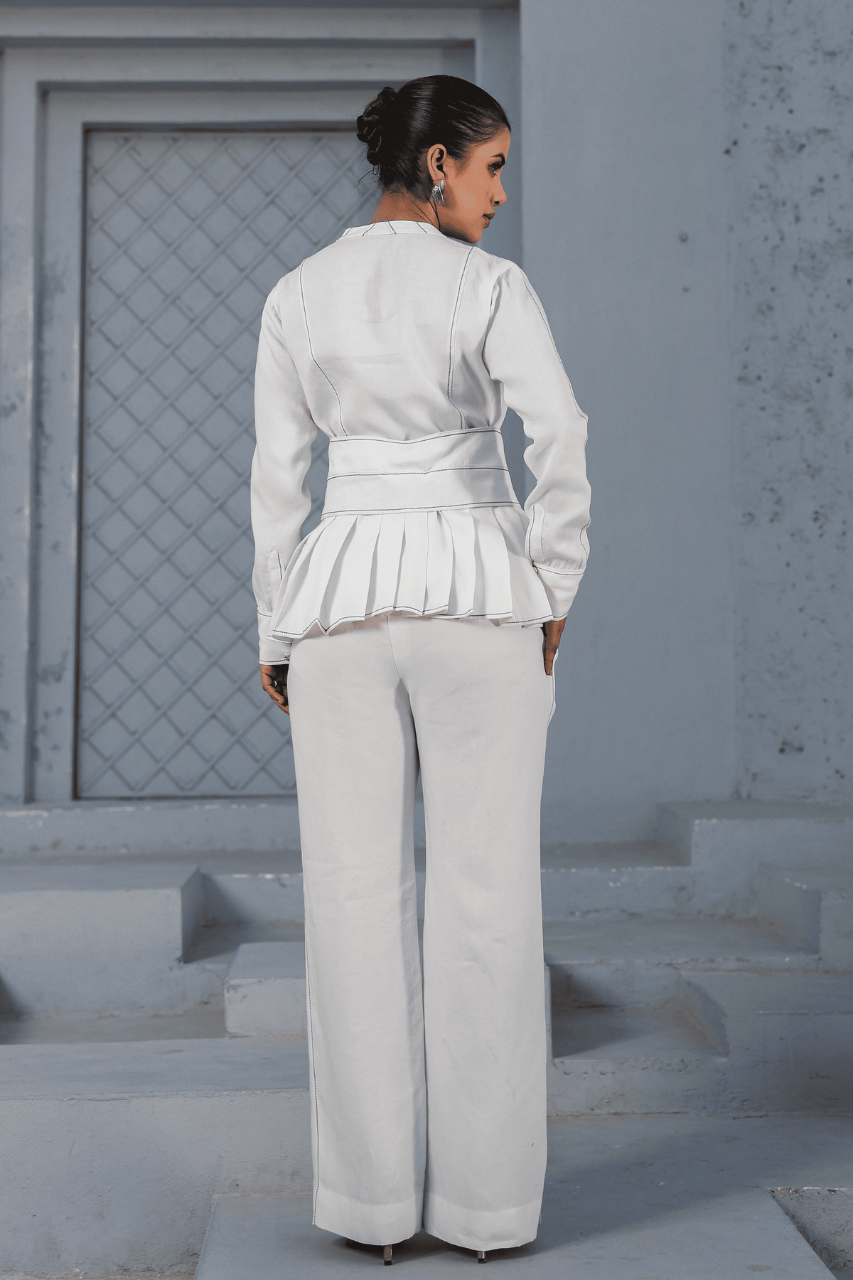 Azure Pleated Peplum Top in White