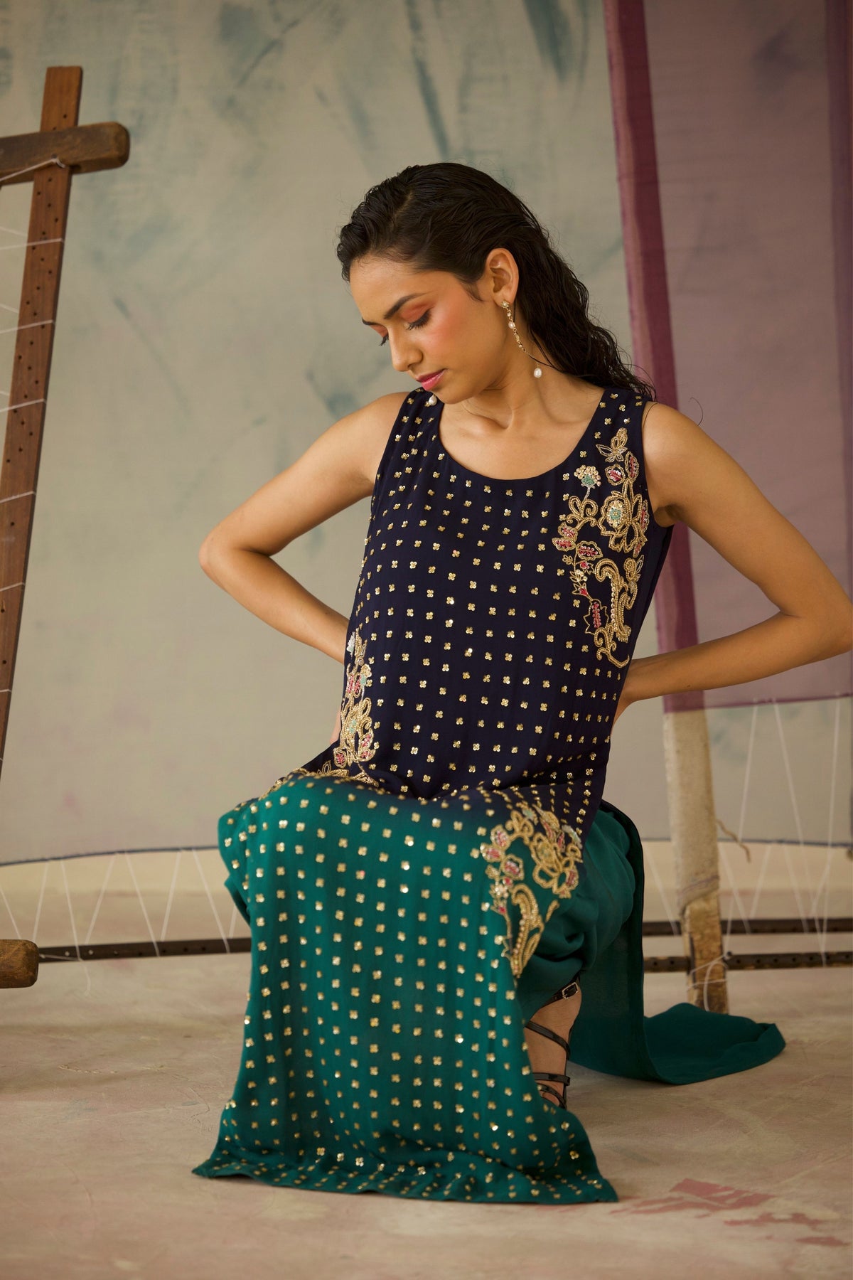 Blue and Green Kurta Set