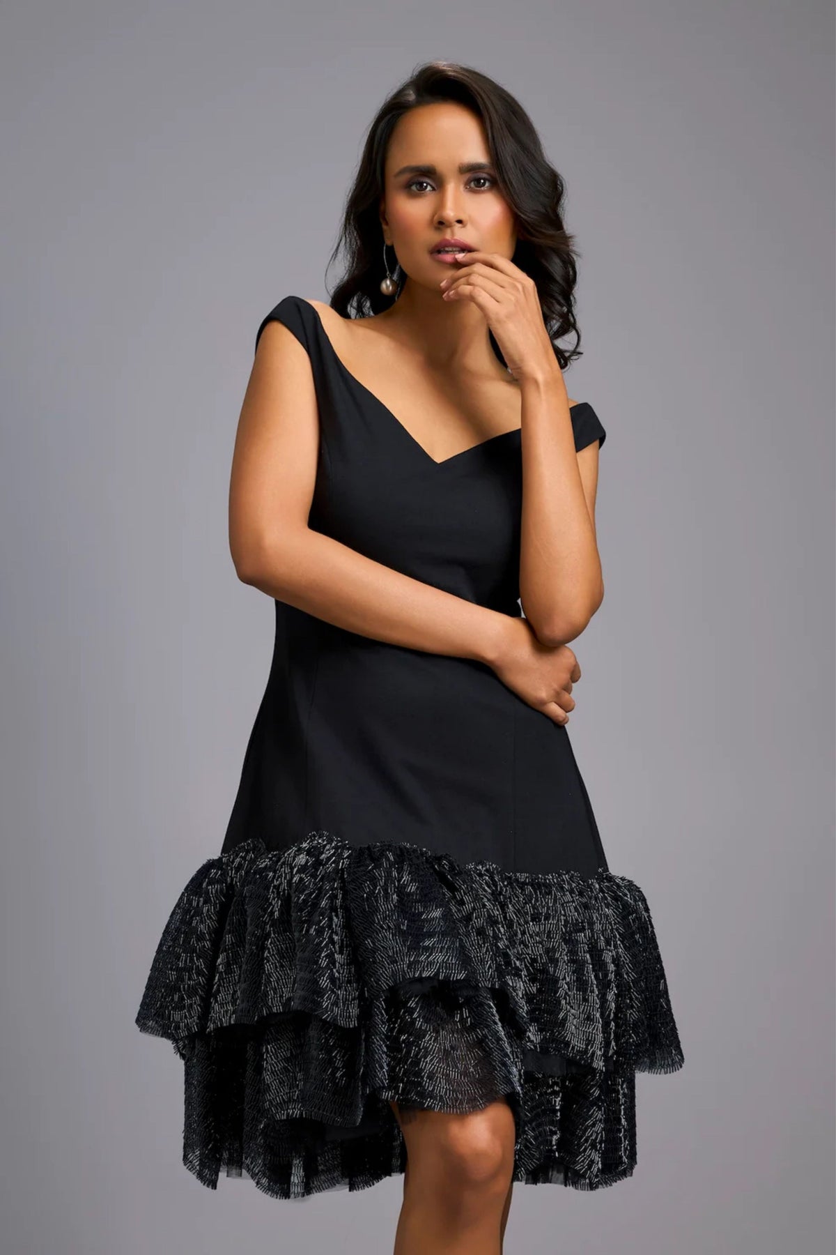 Off-Shoulder  Black Shimmer Dress