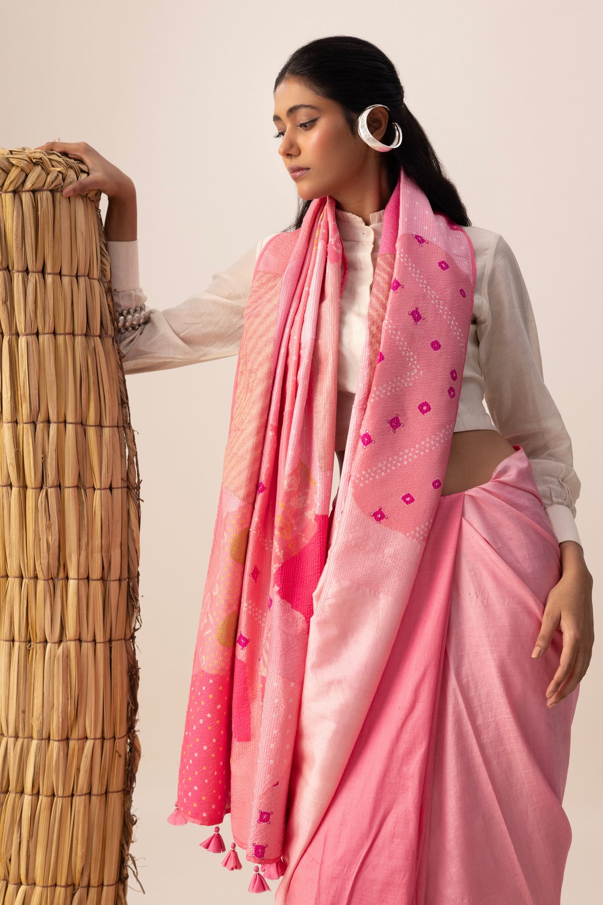 Pink Bandhani Patchwork Saree set
