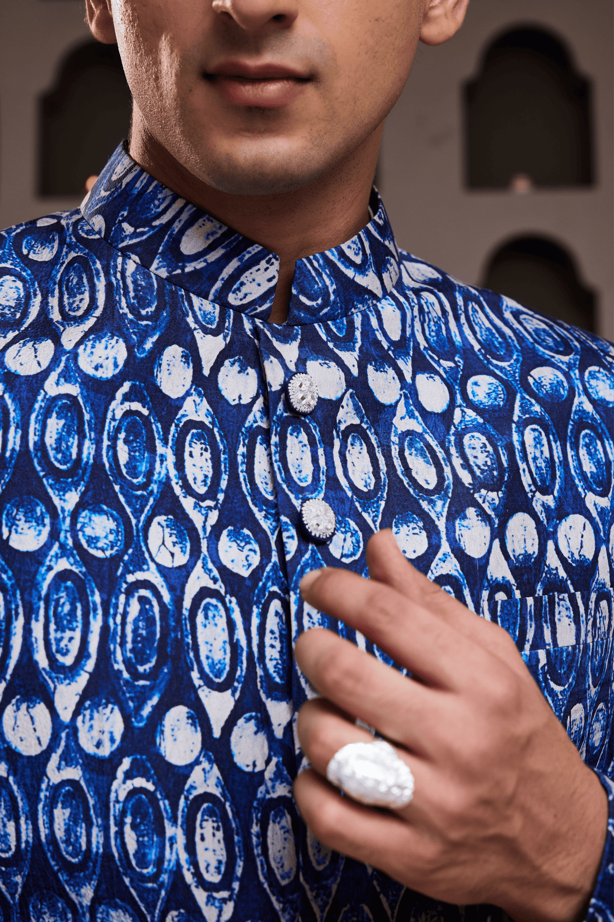 Indigo Printed Sherwani Kurta Set