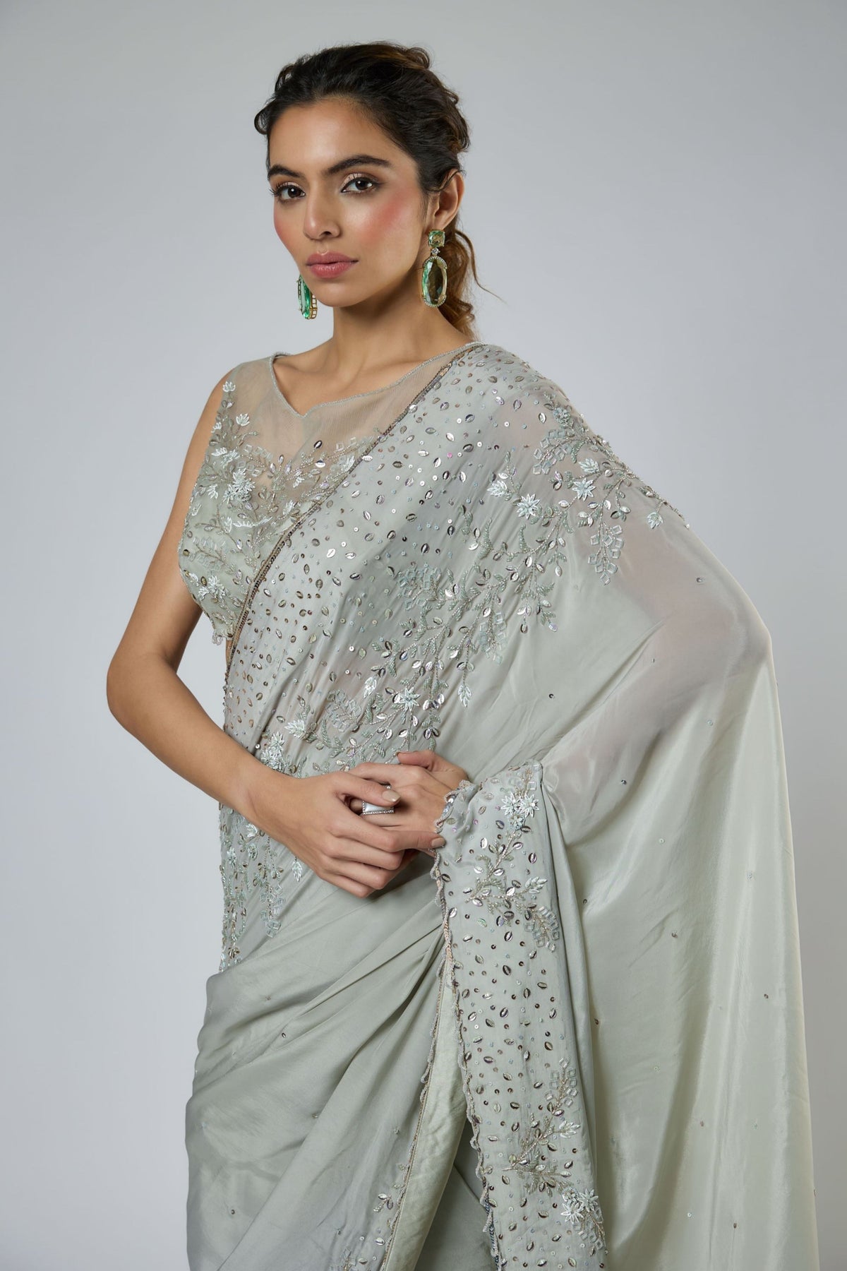 Dusty Green Draped Saree Set