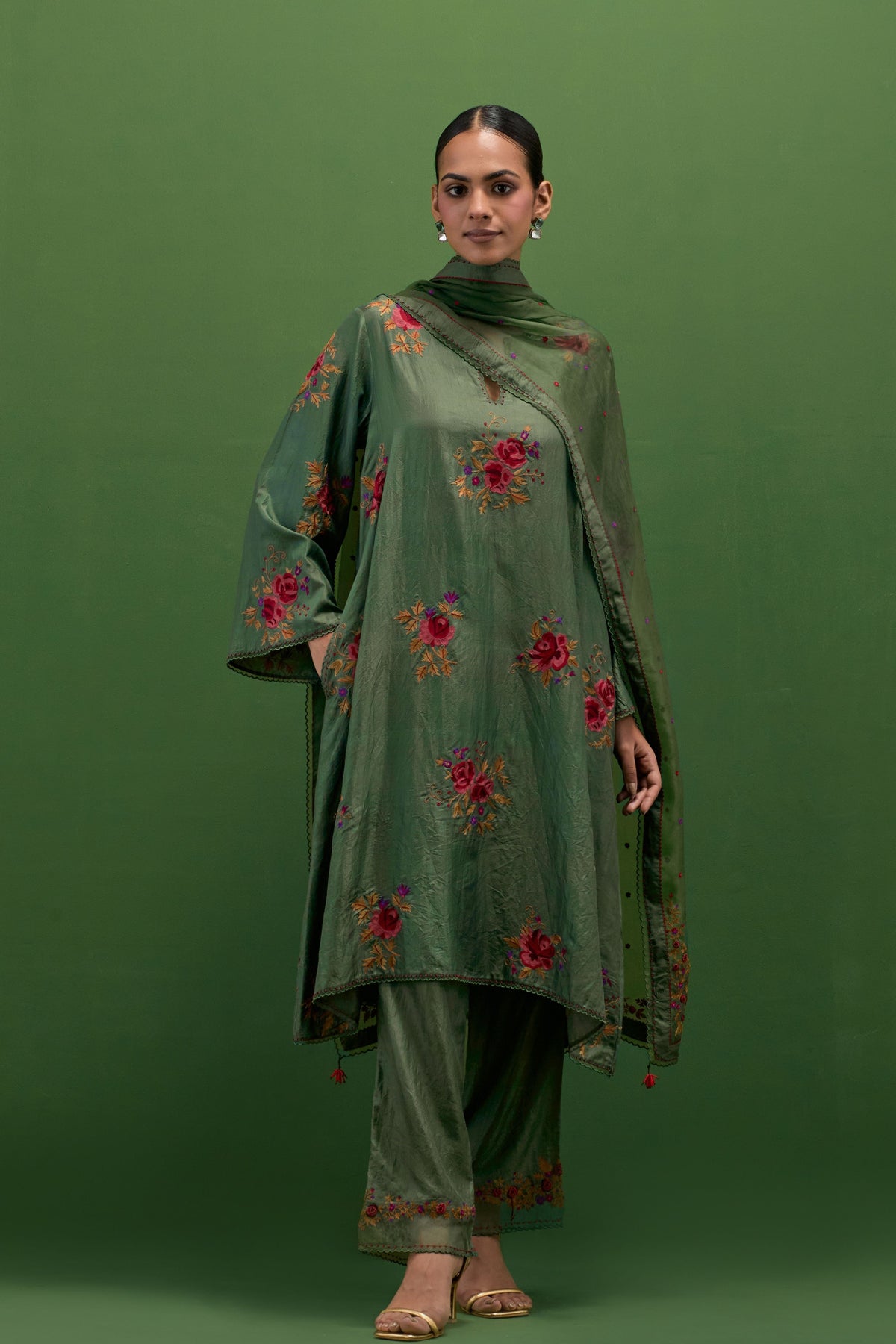 Brunswick Green Roses Kurta Set