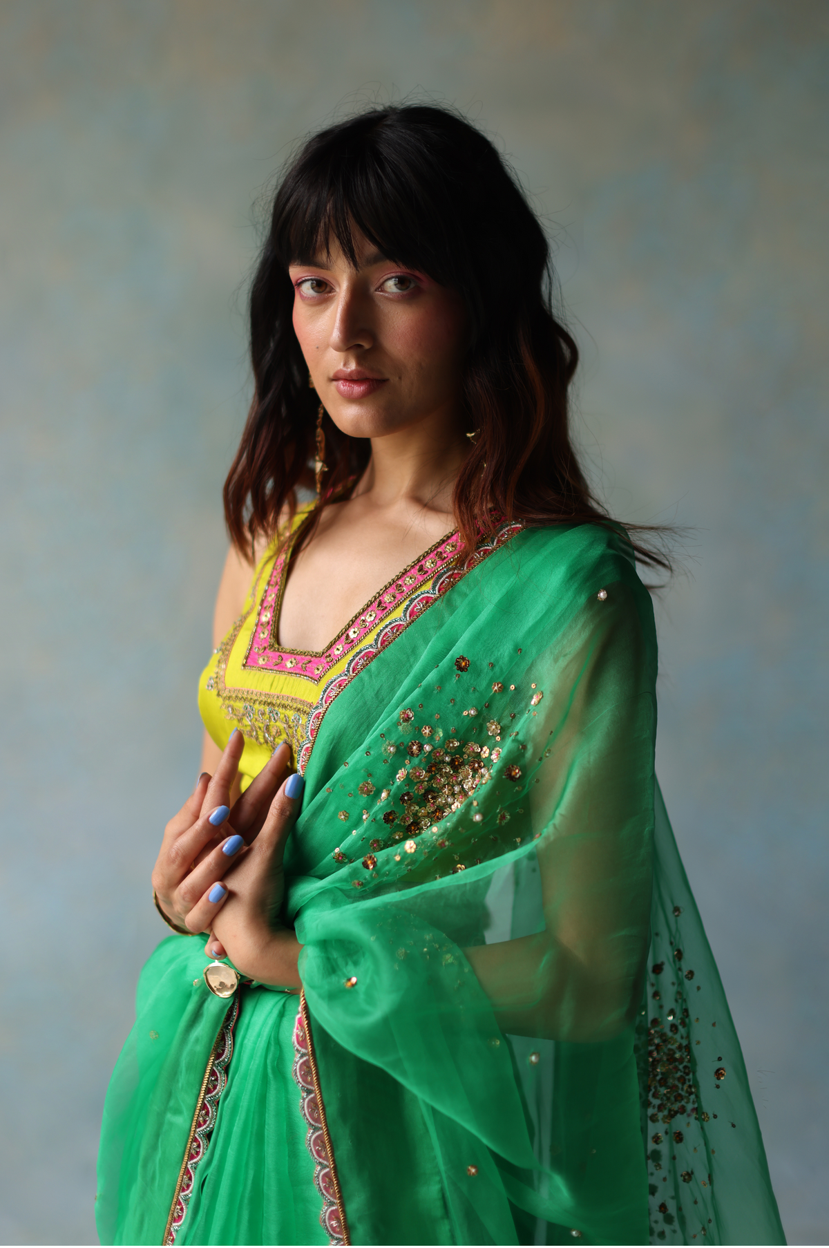 Gul Green Sequin Flower Sari