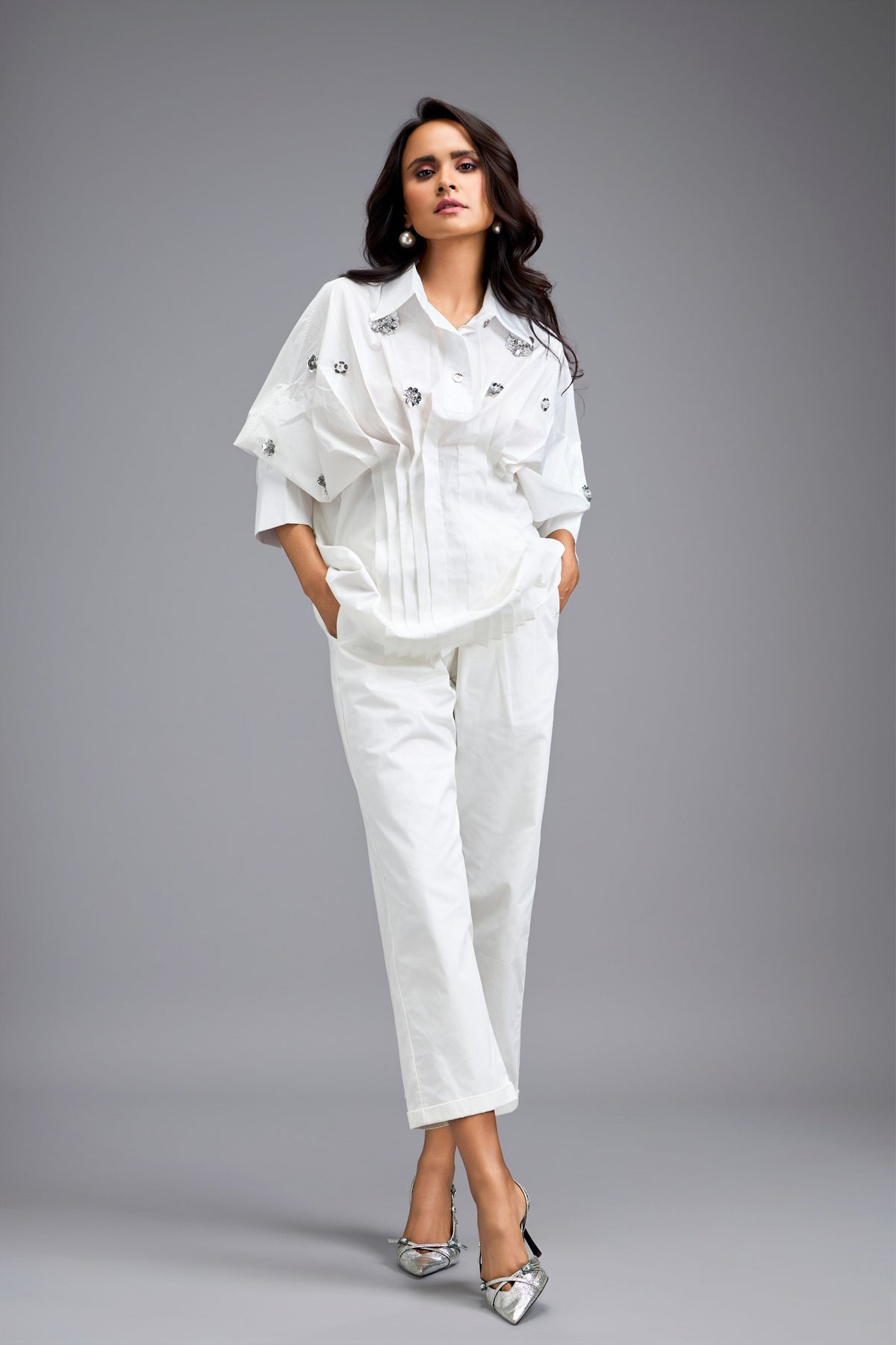 Embellished Button Down White Co-ord Set