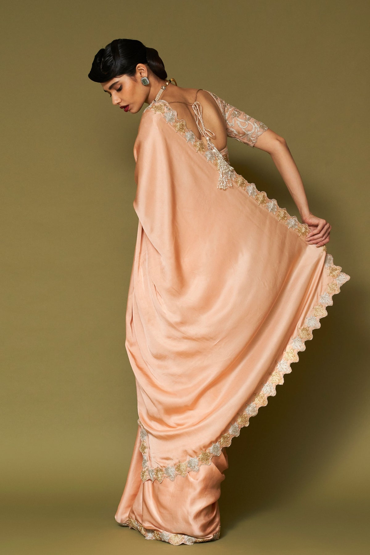 Apricot Embroidered Saree Set