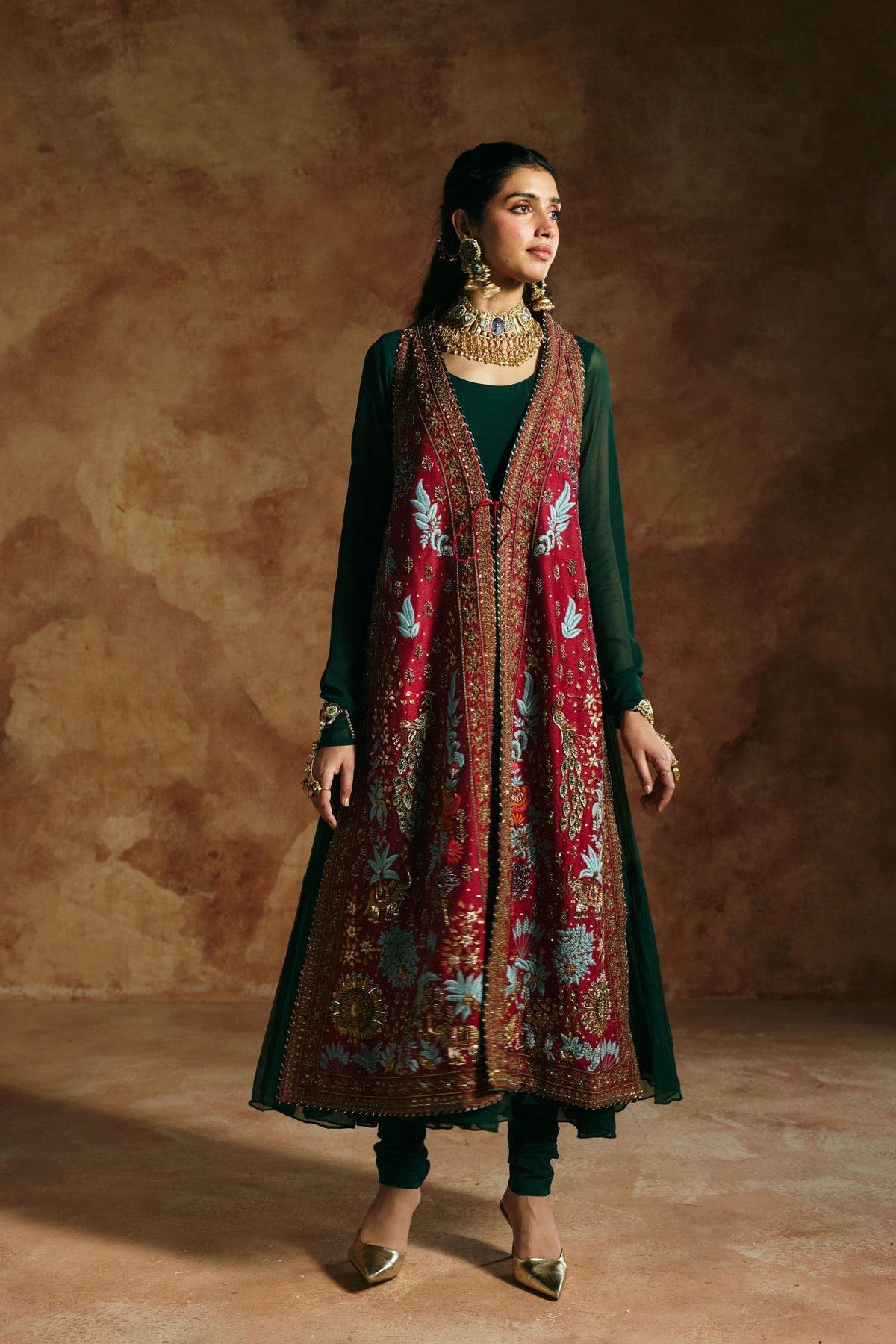 Red Sindh Zardozi Jacket Set