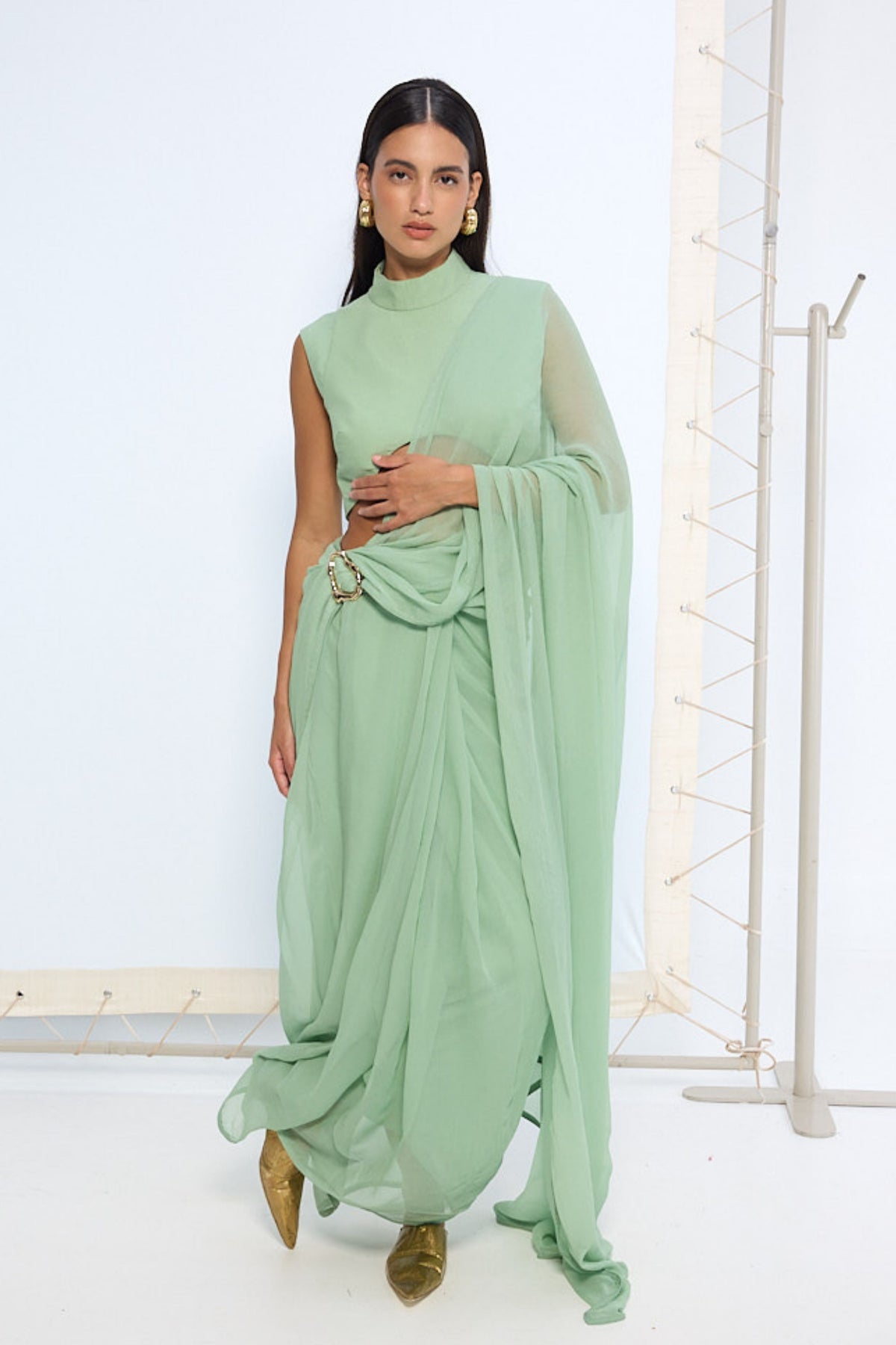 Pale Green Brooch Saree