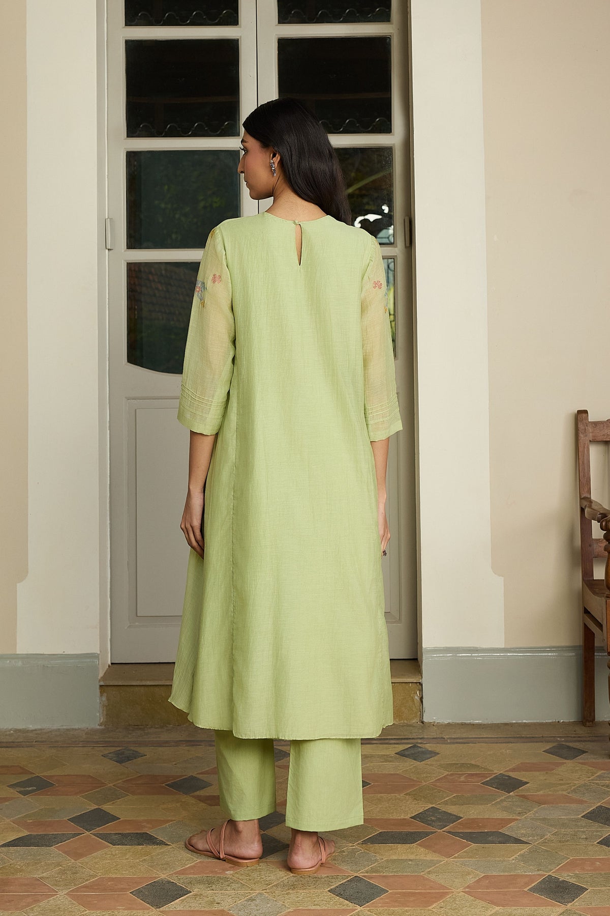 Lime Embroidered Floral Tunic Set