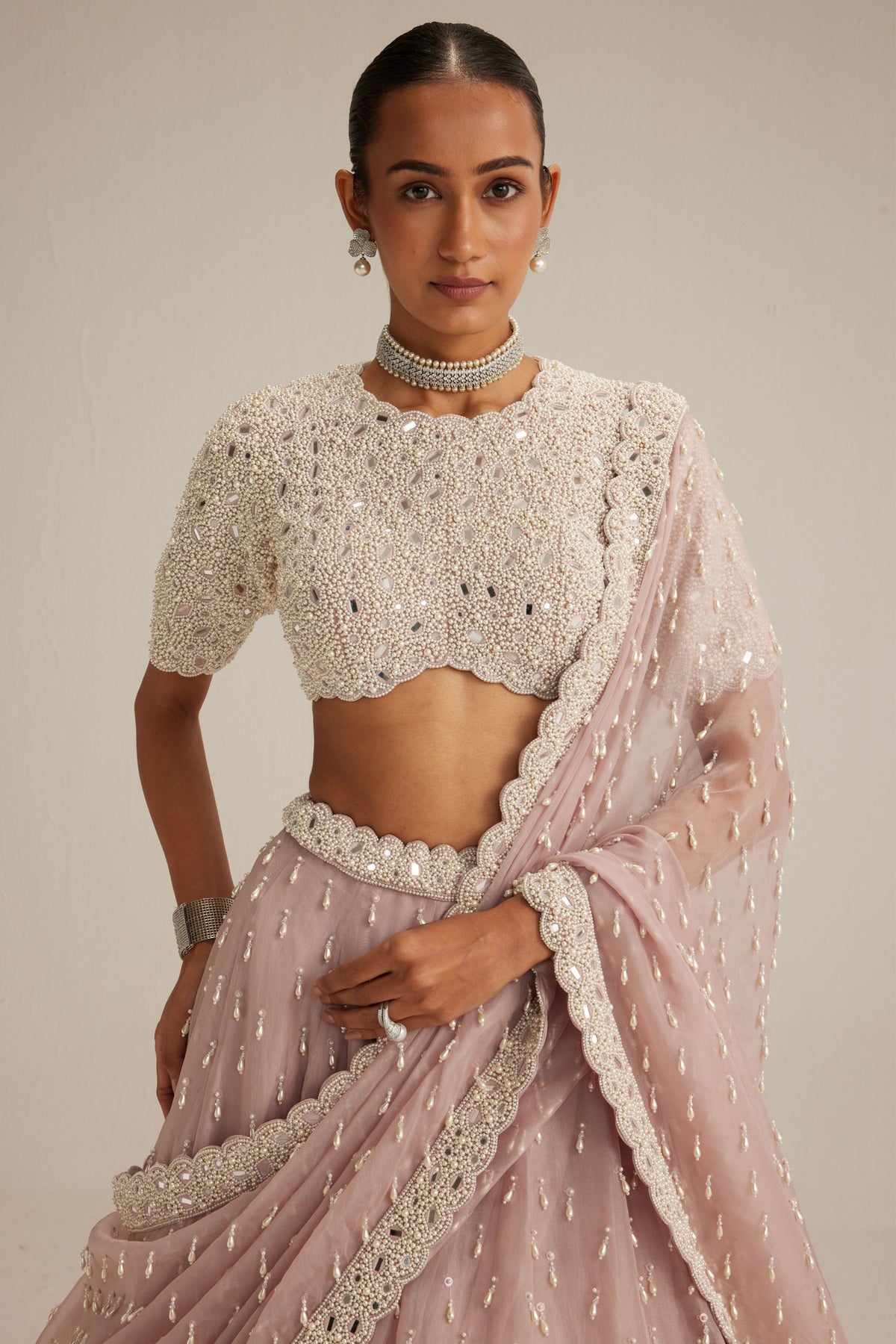 Ash Pink OAS Pearl Drop Lehenga