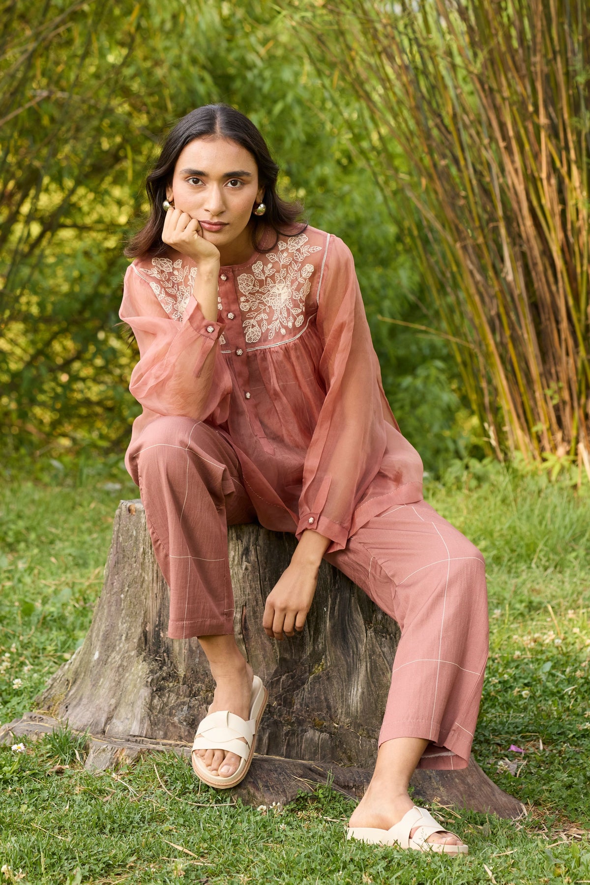 Sheer Brown Organza Yoke Top