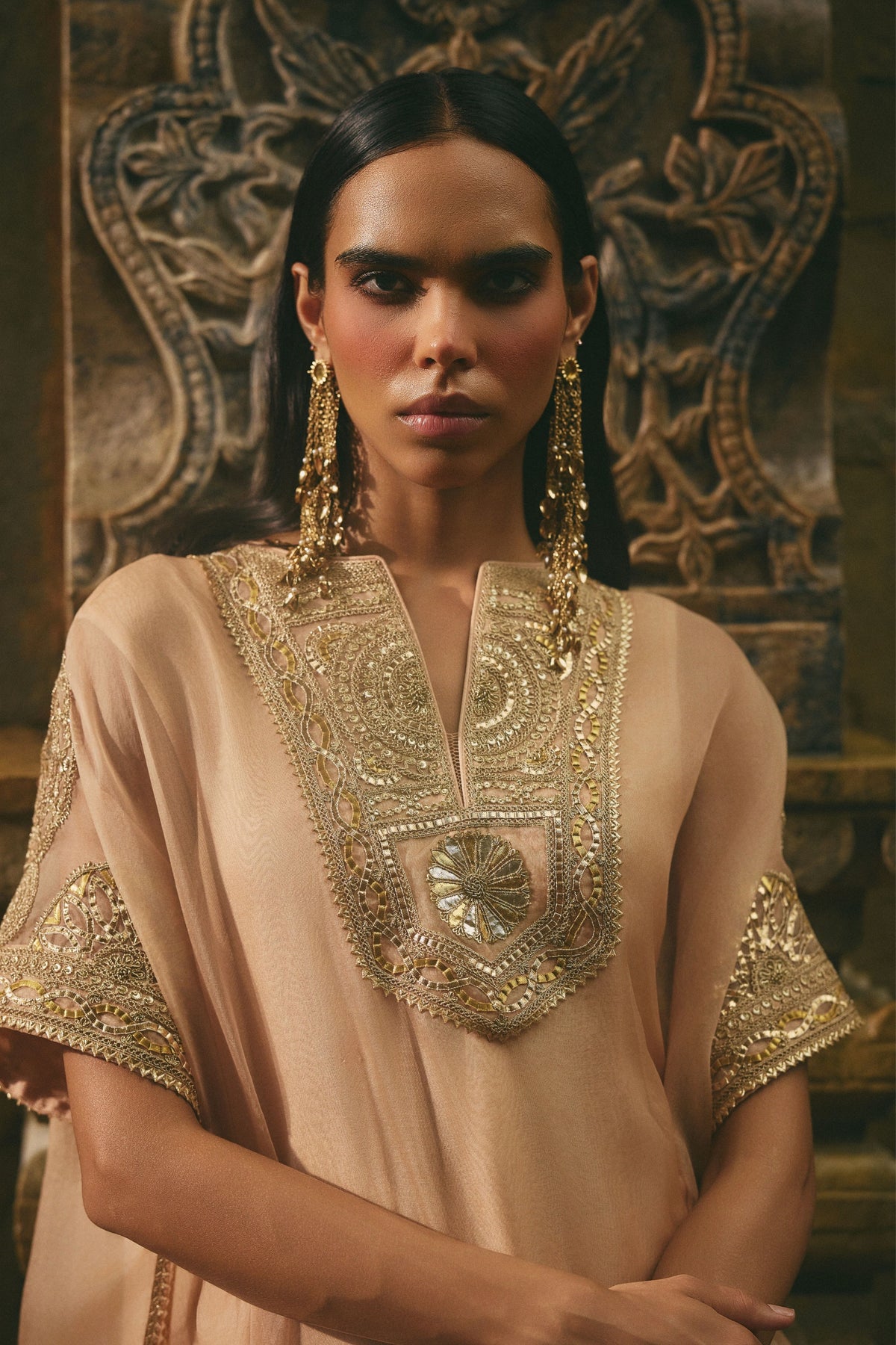 Beige Organza Kaftan Set
