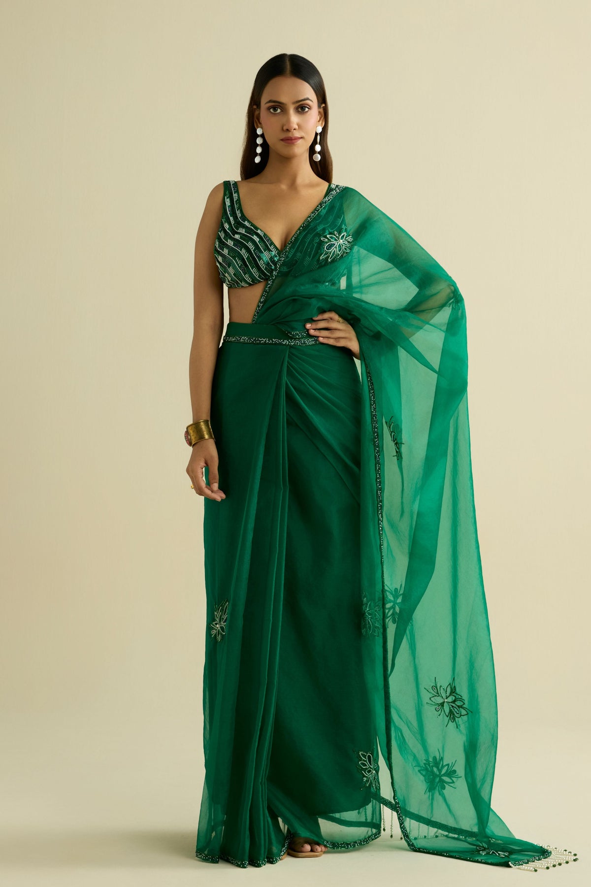Green Organza Pre-draped Saree