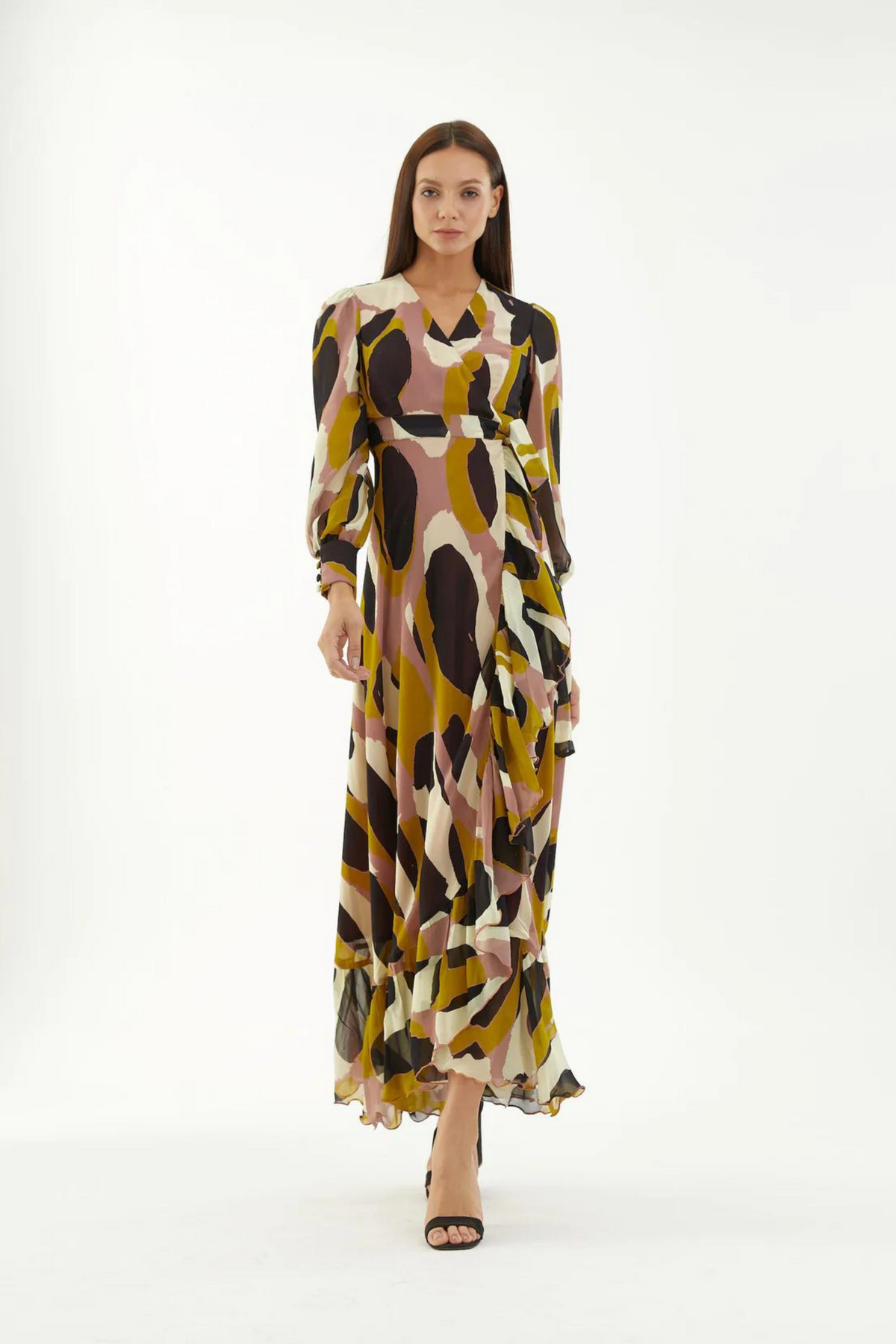 Peach, White, Black And Mustard Wrap Dress