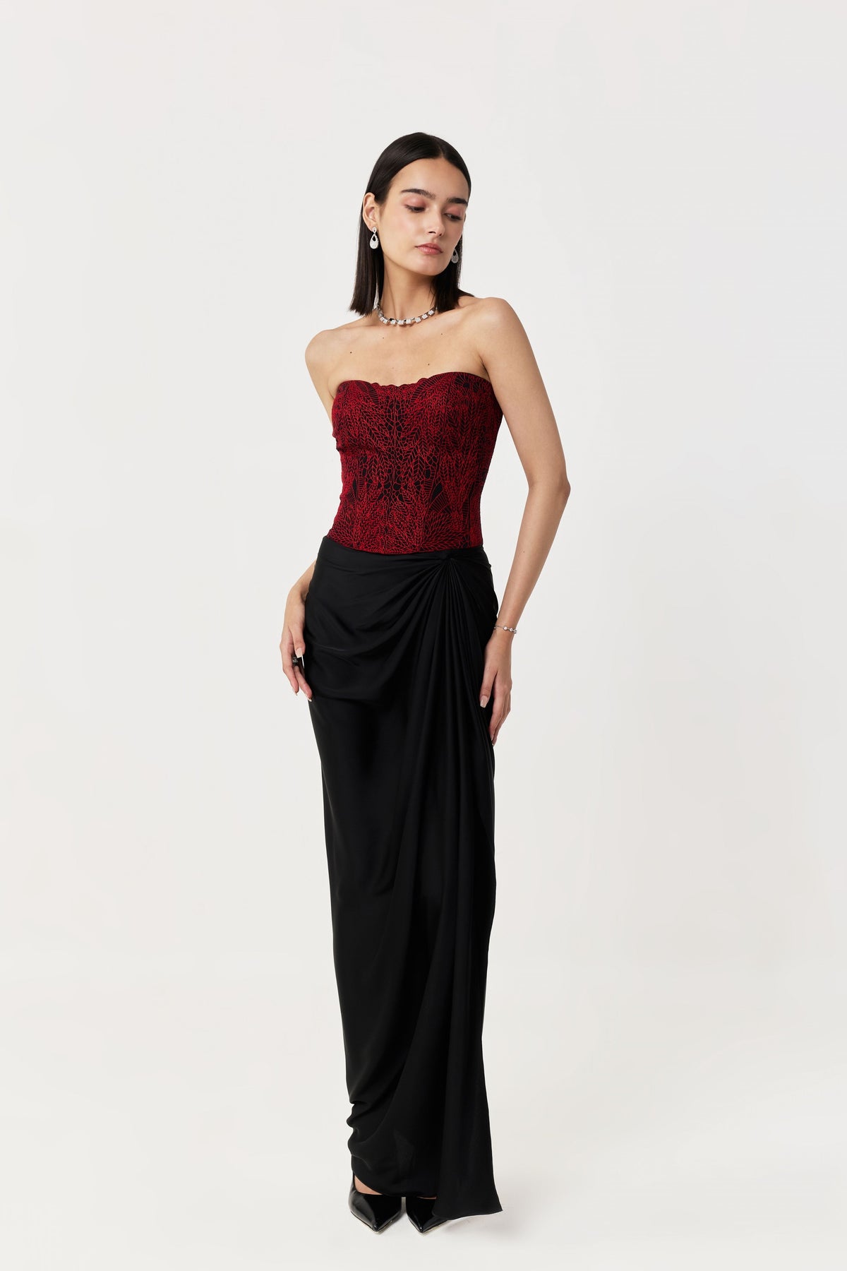 Moss Forest Black Red Embroidered Corset