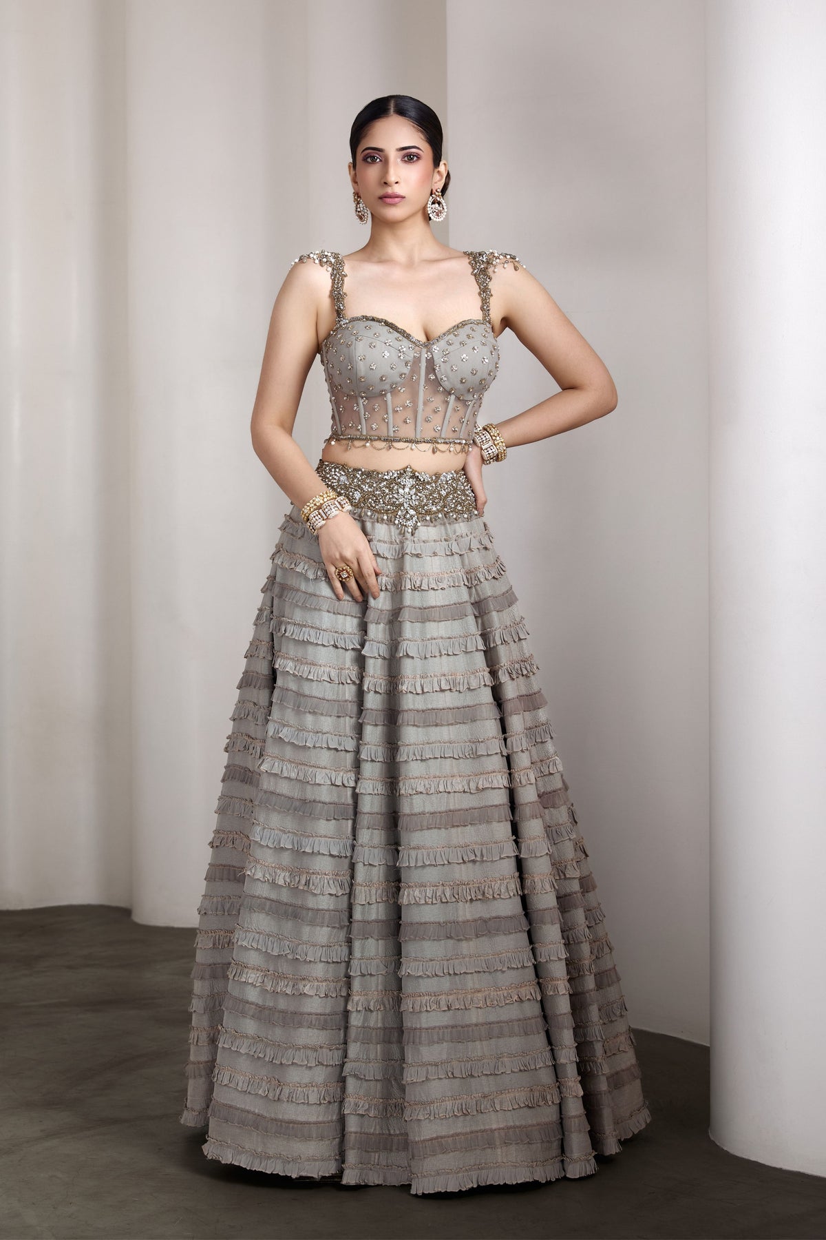 Grey Ruffle Lehenga Set