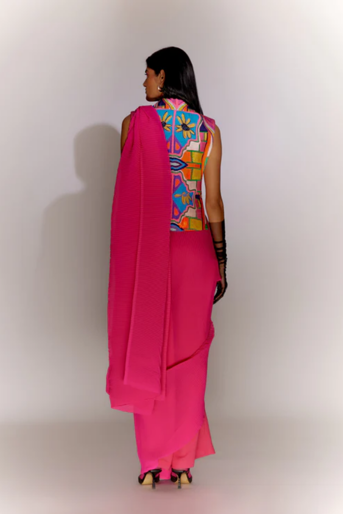 Fringe Jacket Printed With Saree Drape