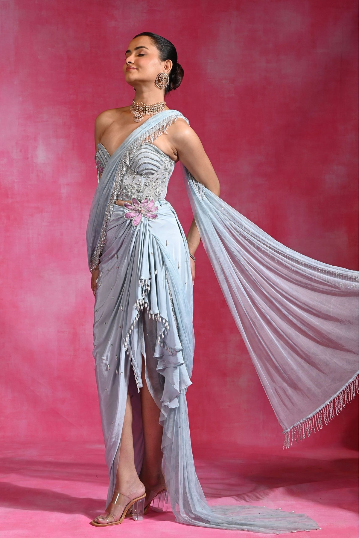 Ice Blue Crush Draped Saree