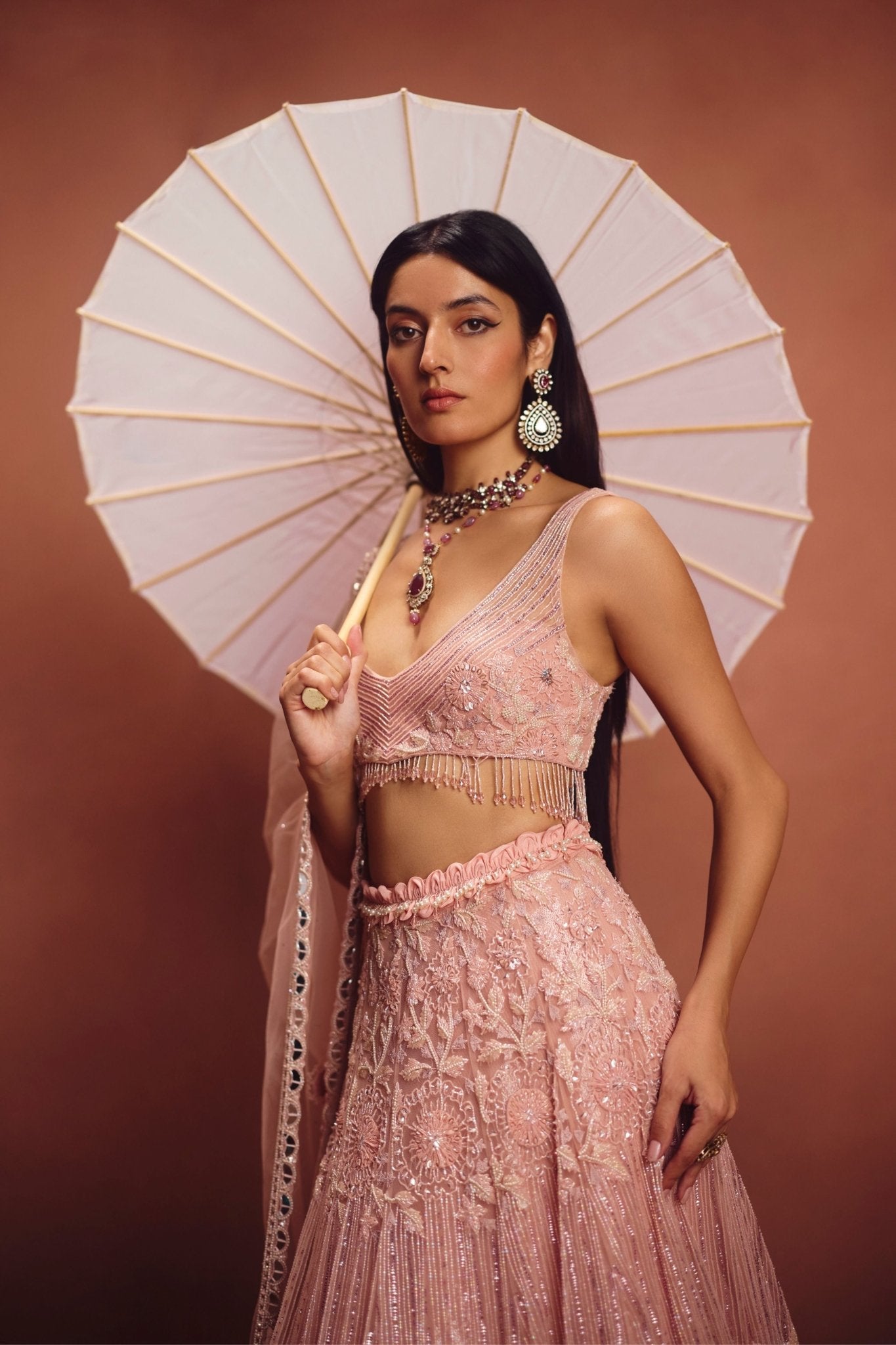 Pink Embroidered Lehenga Set - Awigna - Elahe