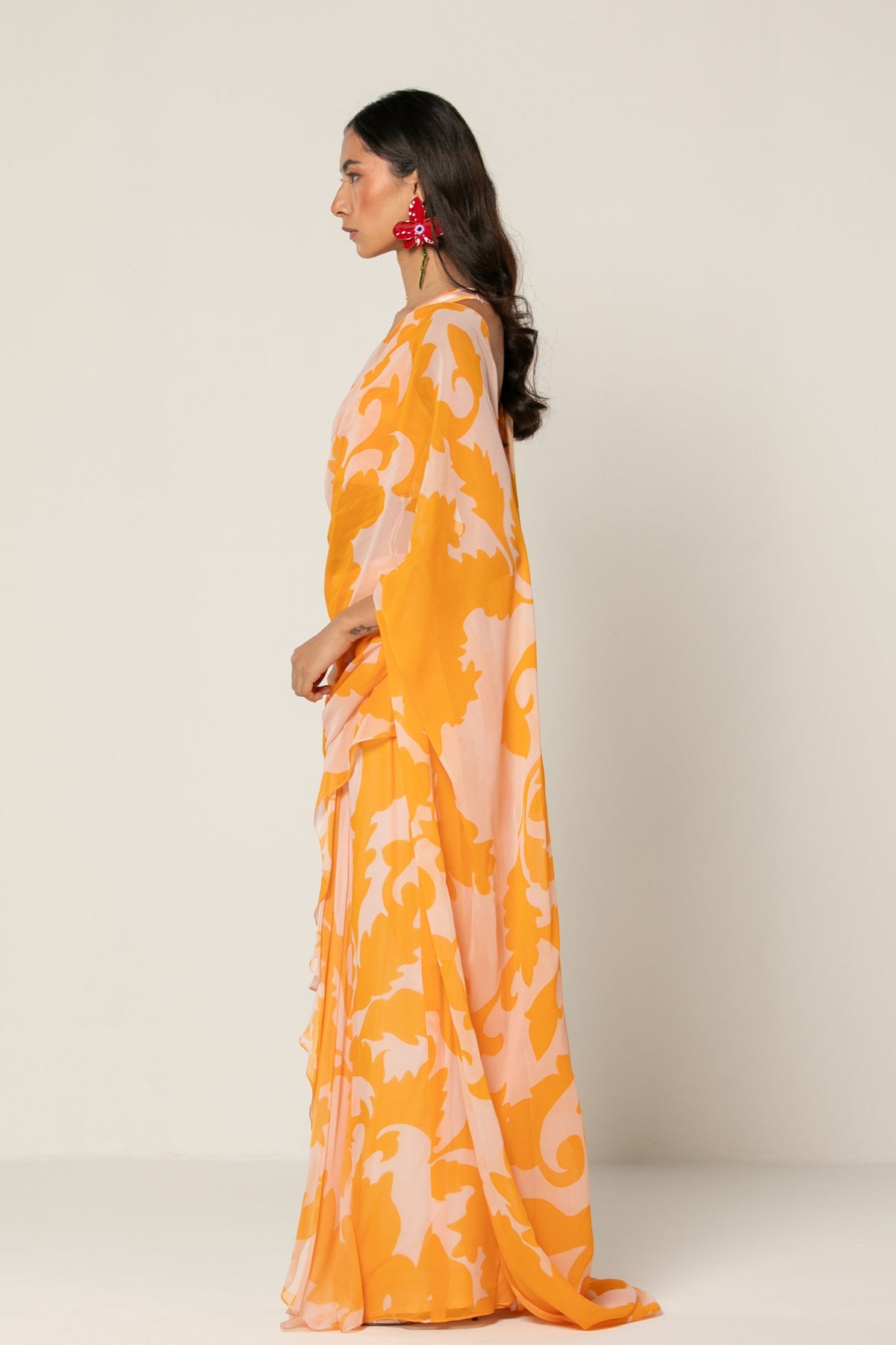 Orange Pre Draped Saree Set
