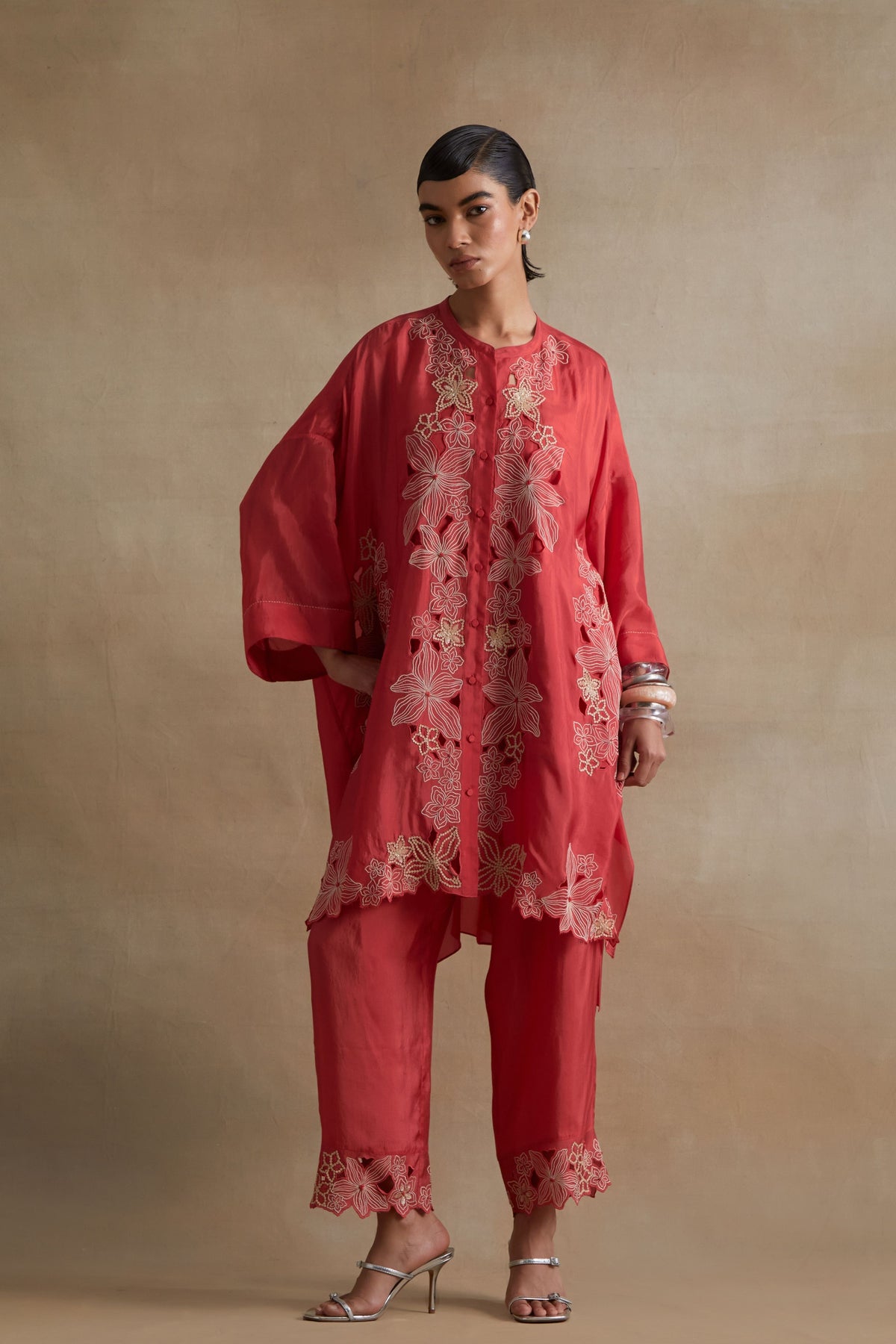 Tomato Sequin Floral Kurta Set