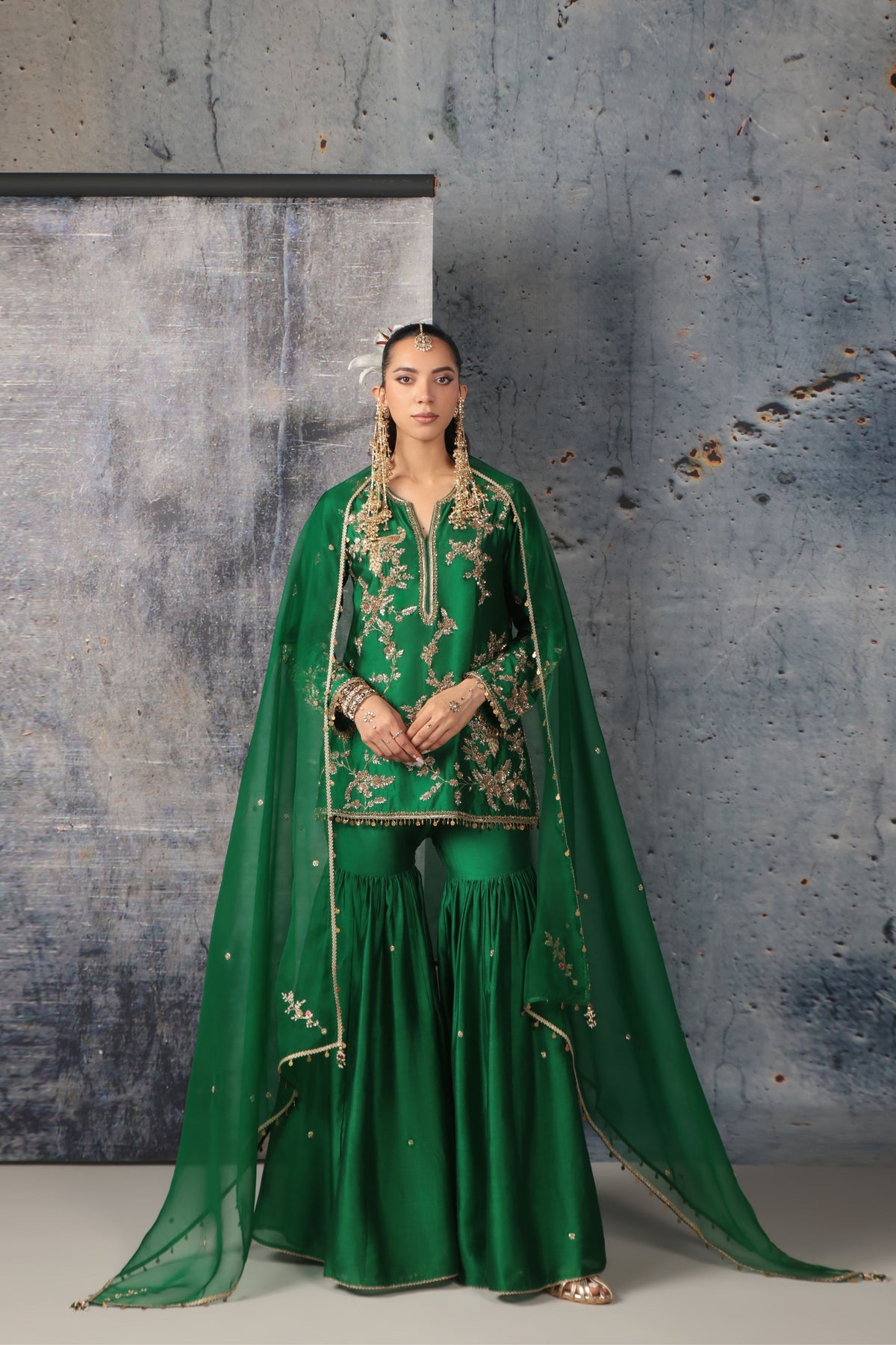 Zar-Rang Green Jaal Sharara Set