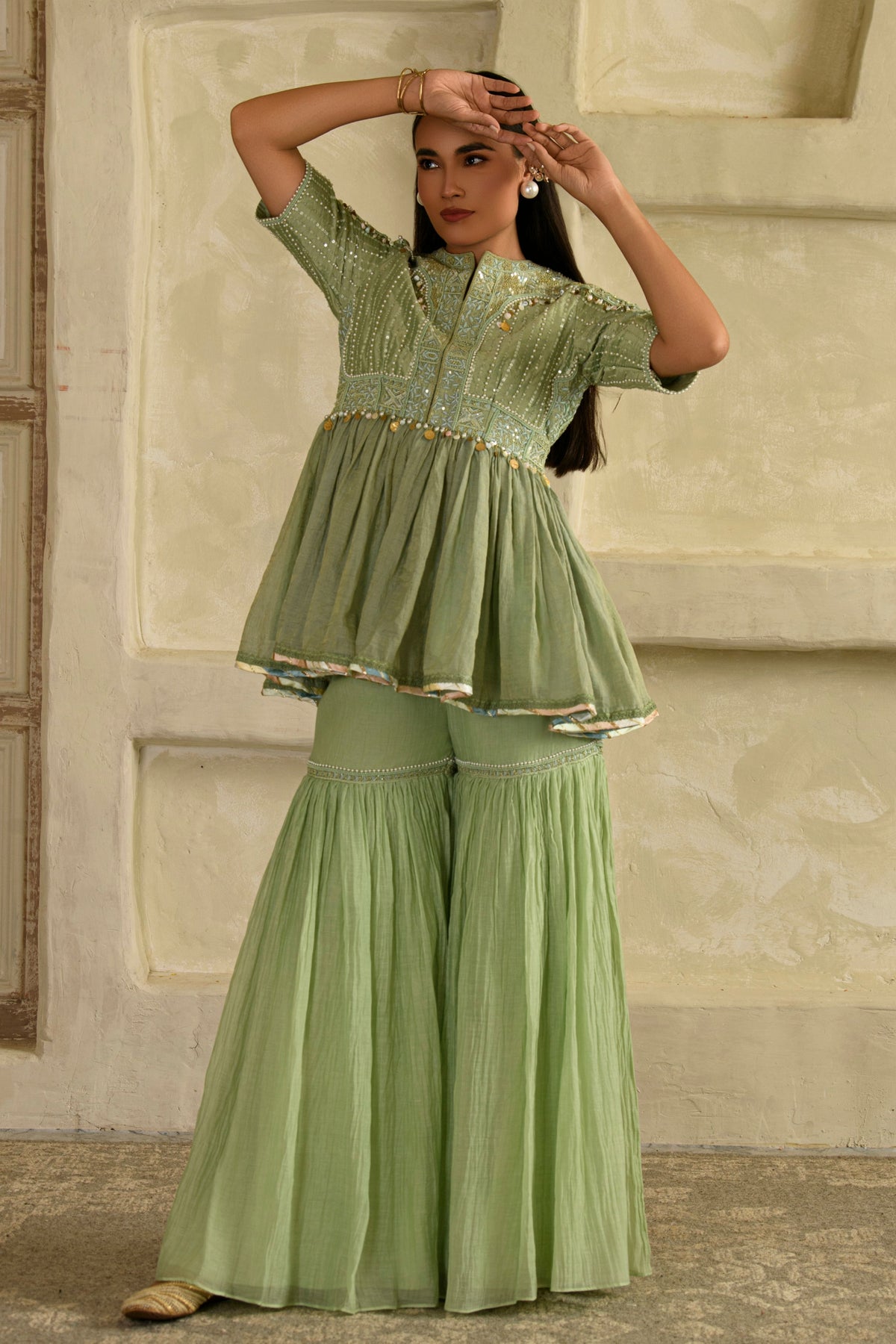 Dhun Pista Green Peplum Set