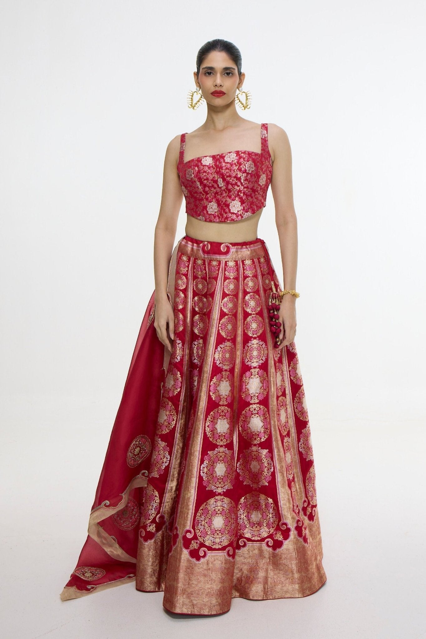 Handwoven Ruby Red Lehenga Set - Ekaya - Elahe